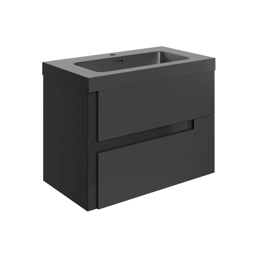 Sleek black bathroom vanity with integrated sink, modern storage drawers, designed for contemporary bathrooms, combining functionality with stylish minimalist appeal.