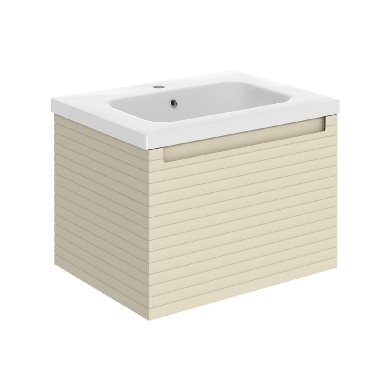Modern white bathroom vanity with a built-in ceramic sink, featuring a stylish beige textured drawer front and sleek handleless design, perfect for contemporary bathroom spaces.