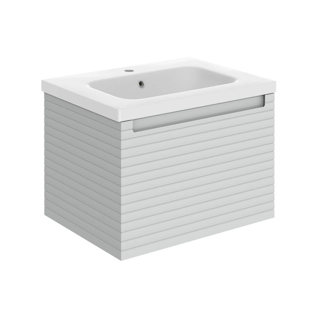 Contemporary white bathroom vanity with a sleek, ribbed design, integrated sink, and minimalist aesthetic, perfect for modern bathroom decor.