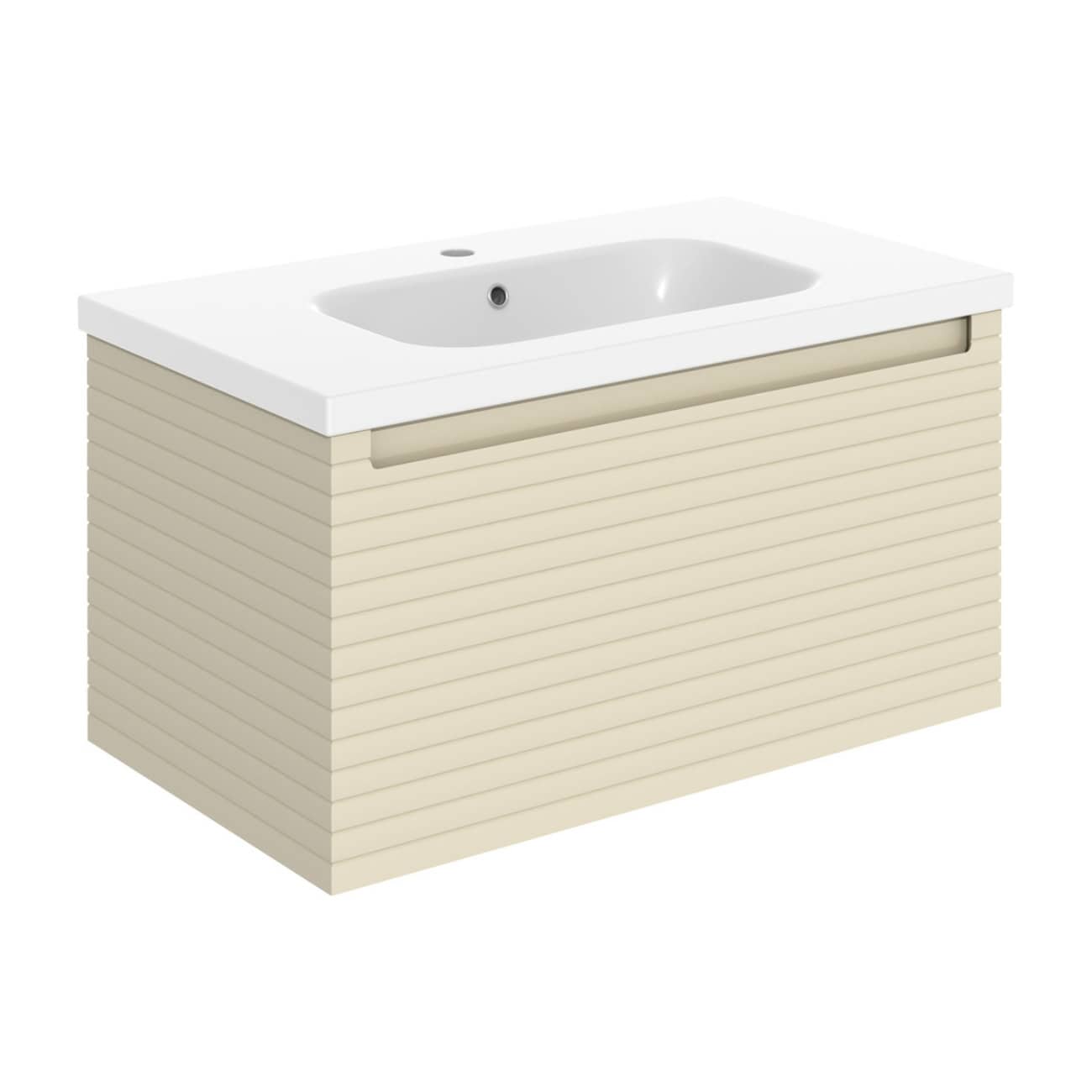 Contemporary beige bathroom vanity with integrated sink, sleek modern design, ideal for stylish bathroom upgrades. Perfect for homely or commercial settings focusing on comfort and elegance.
