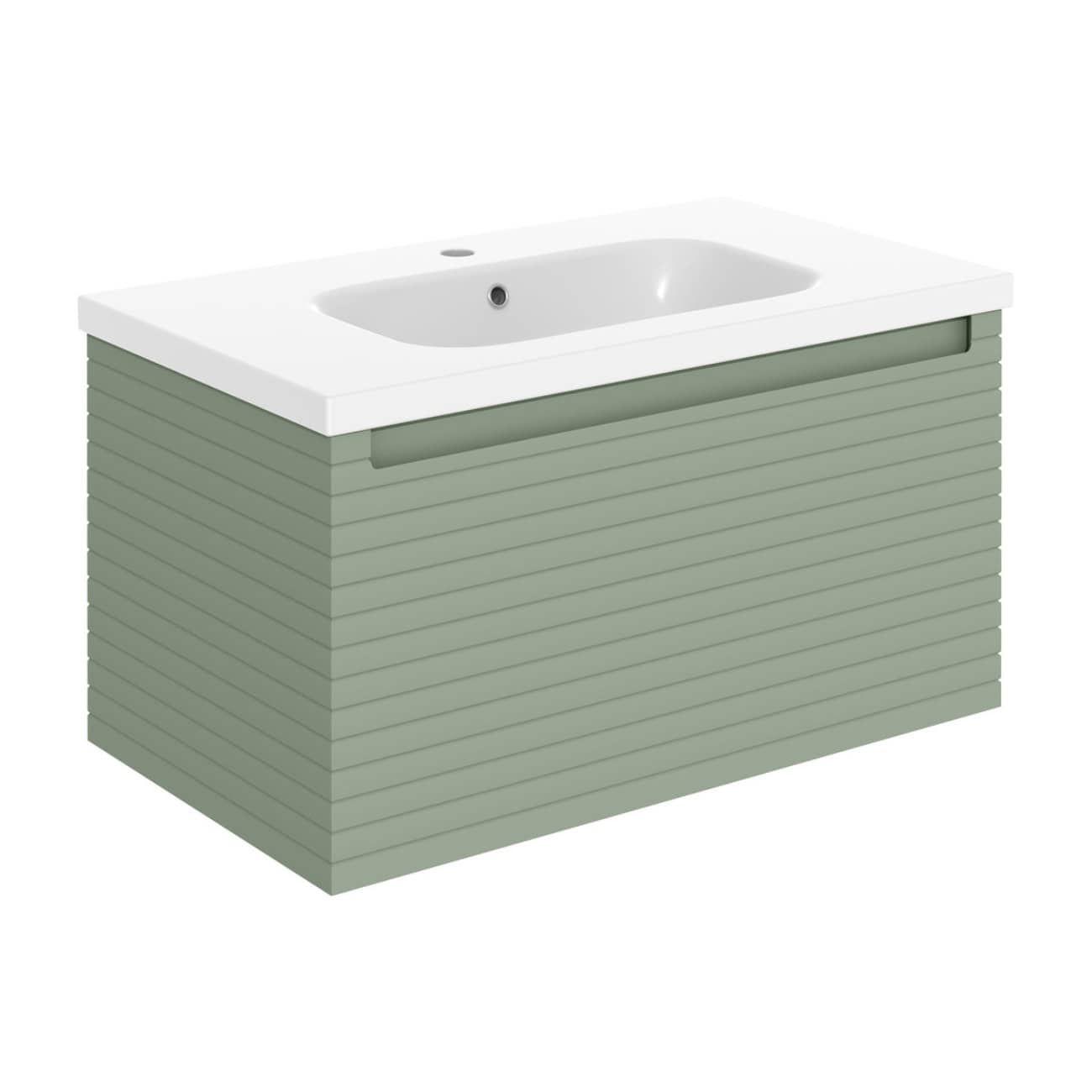 Sleek modern bathroom vanity with a green ribbed finish and a white countertop with integrated sink, perfect for contemporary bathroom decor.