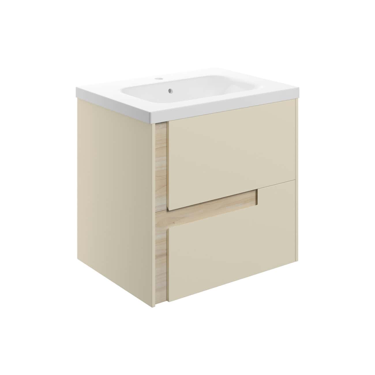 Modern beige bathroom vanity unit with integrated sink, sleek handleless design, and soft-close drawers, ideal for contemporary bathroom interiors.