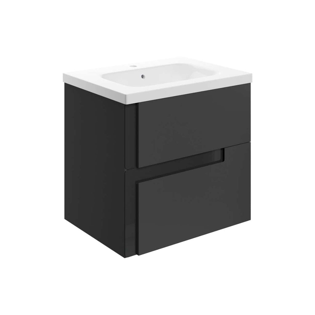 Modern black bathroom vanity with integrated sink, minimalistic design, storage drawers, perfect for contemporary bathroom interiors. Suitable for stylish and functional bathroom storage solutions.