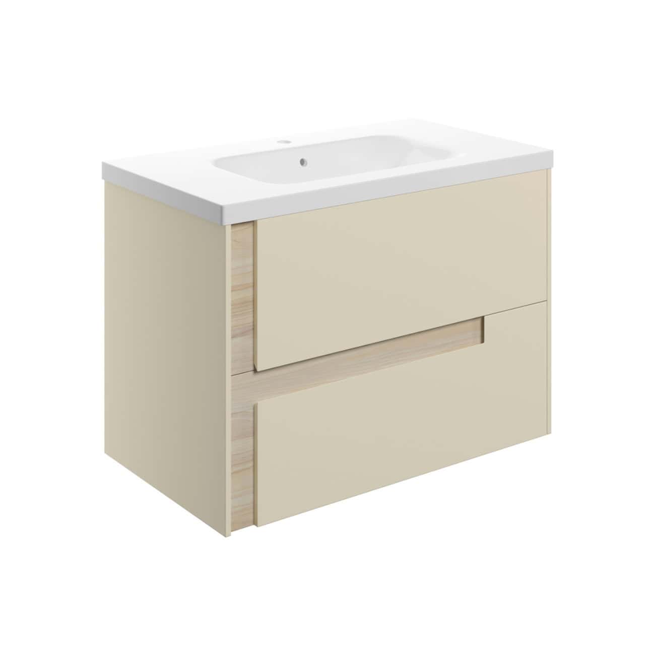 Sleek modern bathroom vanity with integrated sink, minimalist design, and beige finish, ideal for contemporary bathroom decor. Durable and stylish storage solution for bathroom essentials.