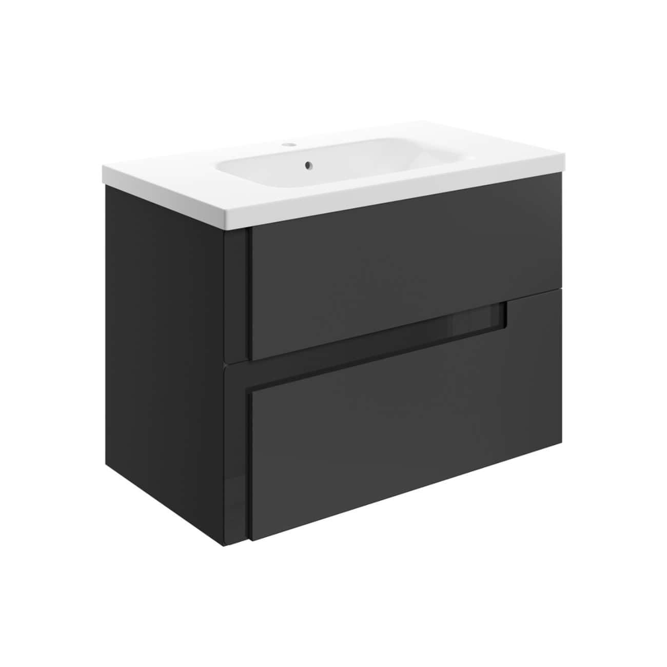 Modern black bathroom vanity unit with integrated basin, sleek storage drawers, ideal for contemporary bathrooms, combining style and practicality, from Bubly Bathrooms.