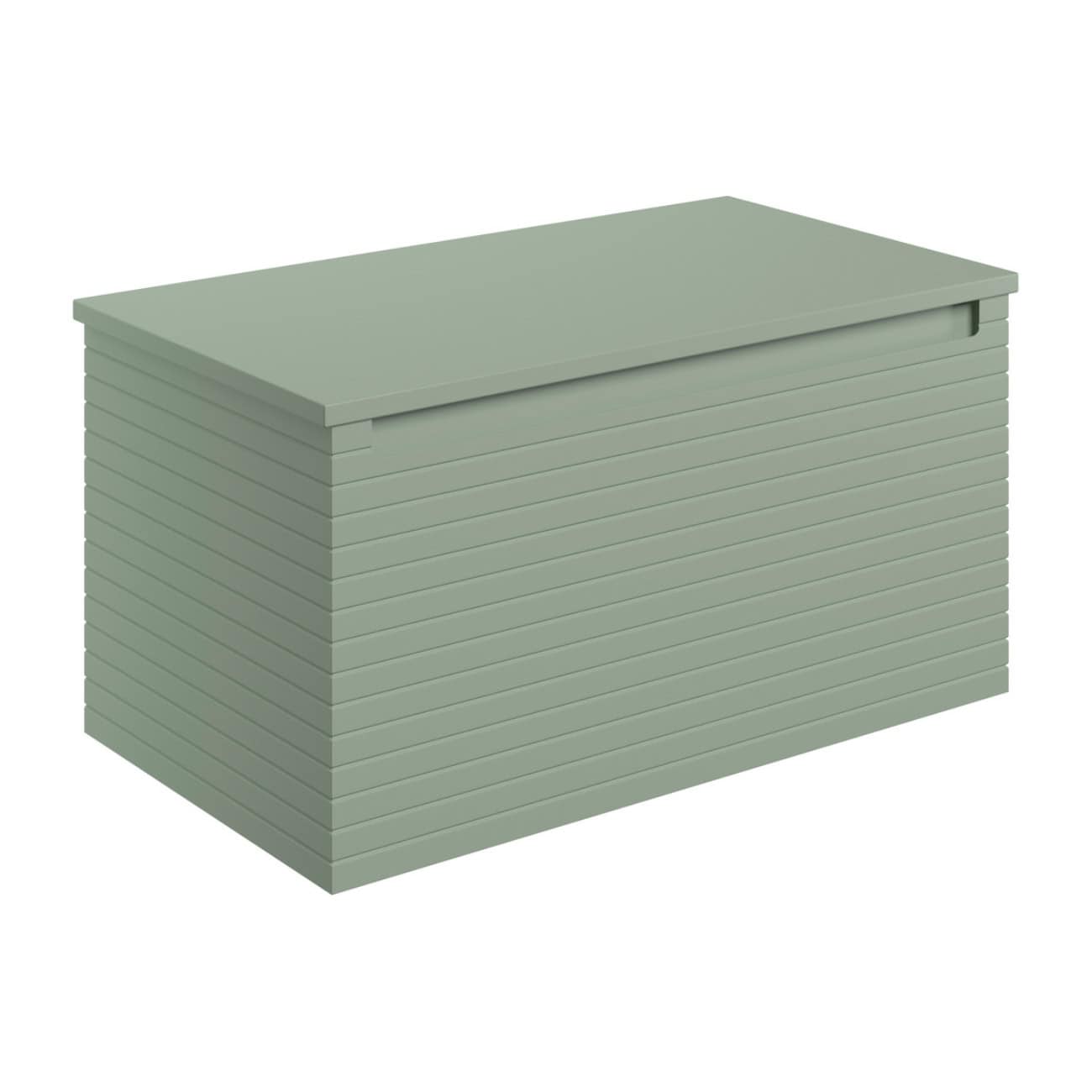 Light green outdoor storage bench with horizontal slats, ideal for garden or patio organisation, blending style and functionality.