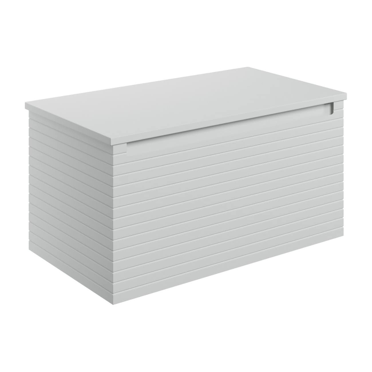 White louvered storage chest for bathroom organisation and extra storage space. Durable design, perfect for modern bathrooms, offering stylish functionality and sleek aesthetics.
