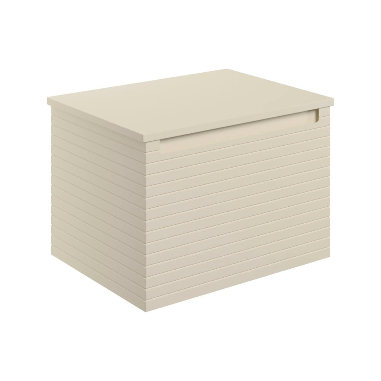 Elegant beige bathroom storage box with horizontal slats, perfect for organising toiletries and essentials in modern bathrooms. Durable plastic design combines functionality and style for contemporary bathroom decor.