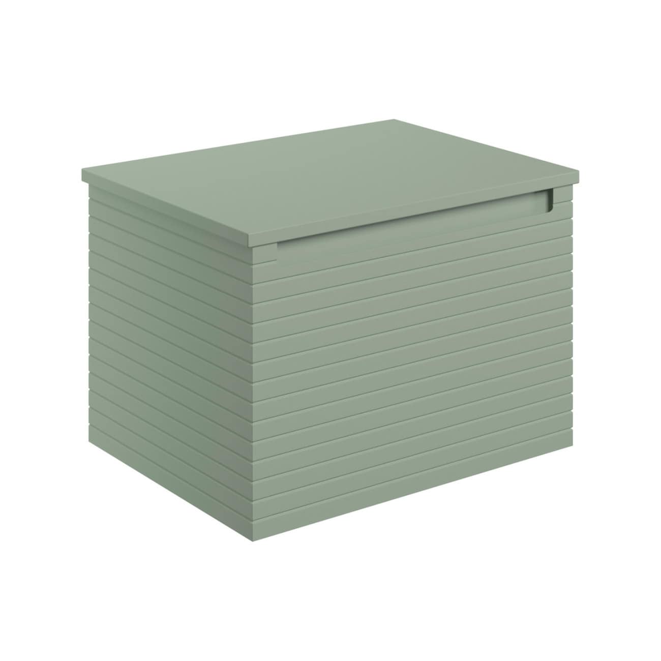 Modern green outdoor storage box with slatted design, ideal for garden tools and outdoor accessories, colour-coordinated with contemporary bubly bathroom decor.