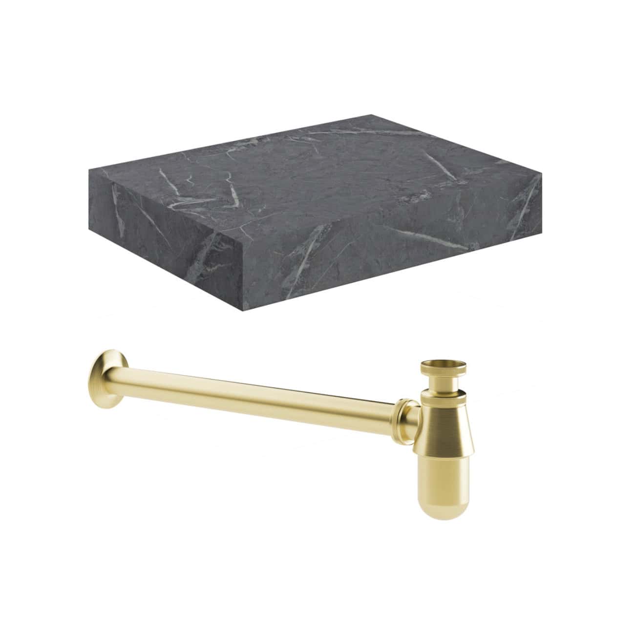Polished black marble bathroom shelf with a gold brass toilet brush holder set, ideal for classic and modern bathroom decor. Durable, elegant materials for sophisticated bathroom designs.