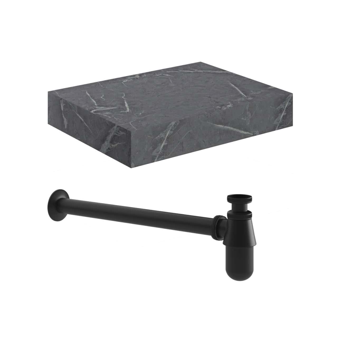 Polished grey marble bathroom shelf with black metal pipe support, modern bathroom storage, durable marble surface, sleek design, stylish bathroom decor, premium quality finishing.