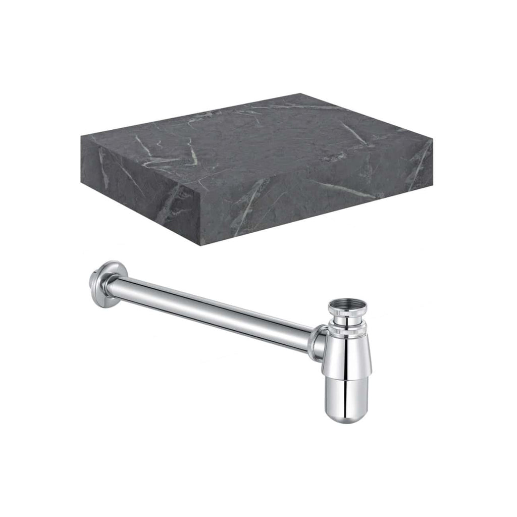 Polished chrome bathroom sink pipe with a black marble countertop, modern bathroom fixtures, high-quality materials, stylish design, suitable for contemporary bathroom renovations.