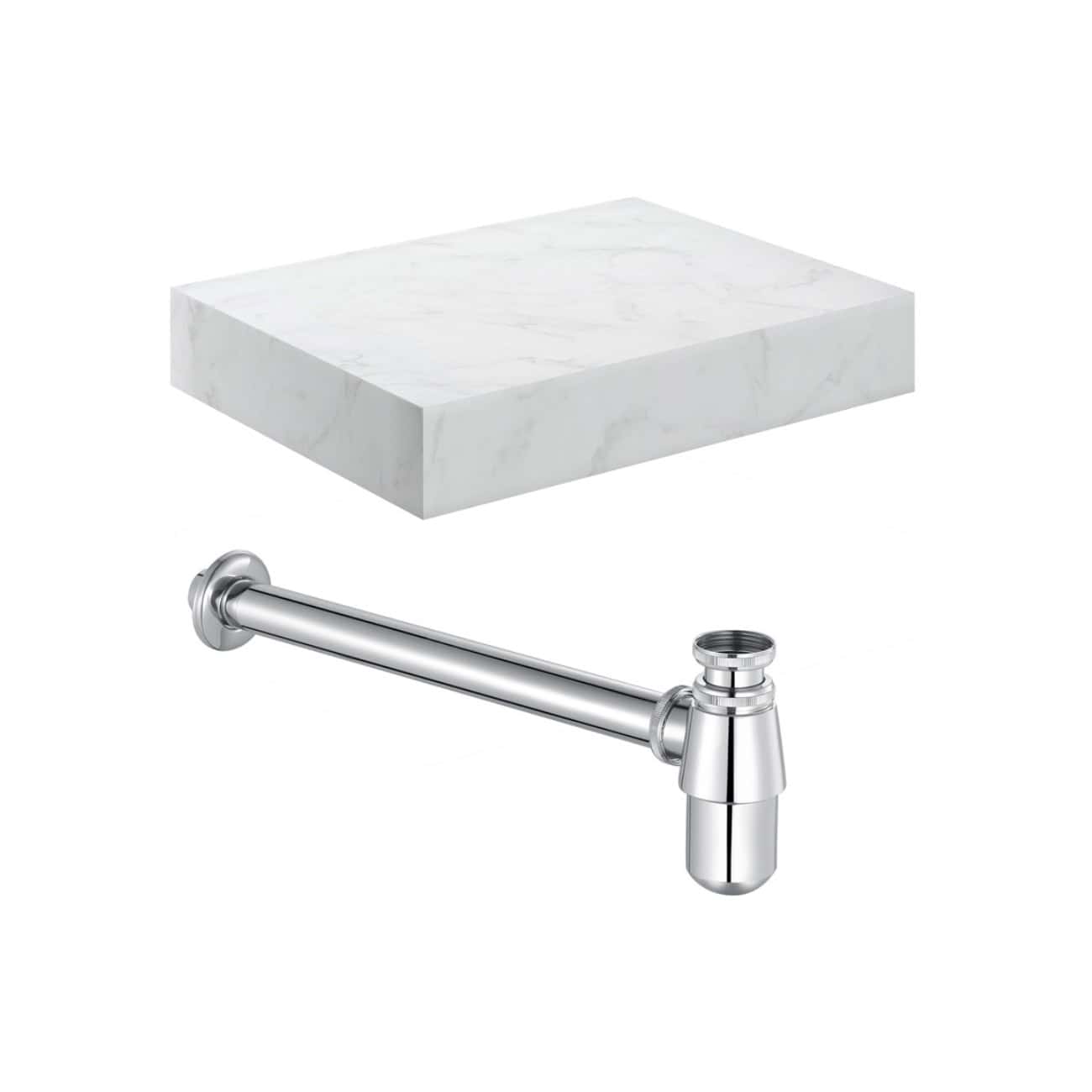 Silestone marble-effect bathroom shelf with chrome pipe support, designed for modern bathroom aesthetics. High-quality, stylish, and durable bathroom accessories for elegant spaces.