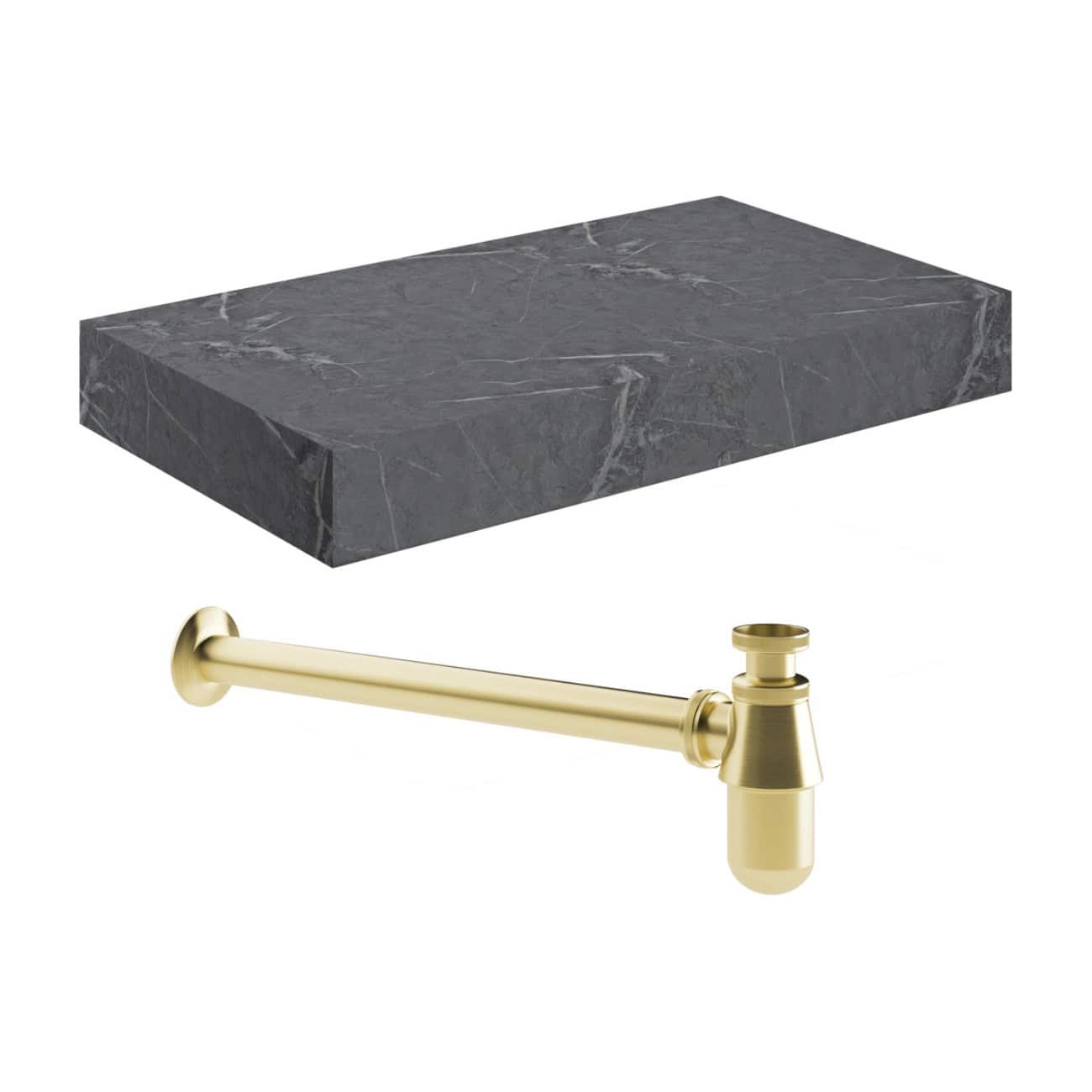 Luxurious grey marble bathroom shelf with brass plumbing pipe fitting, elegant and functional bathroom accessories from Bubly Bathrooms.