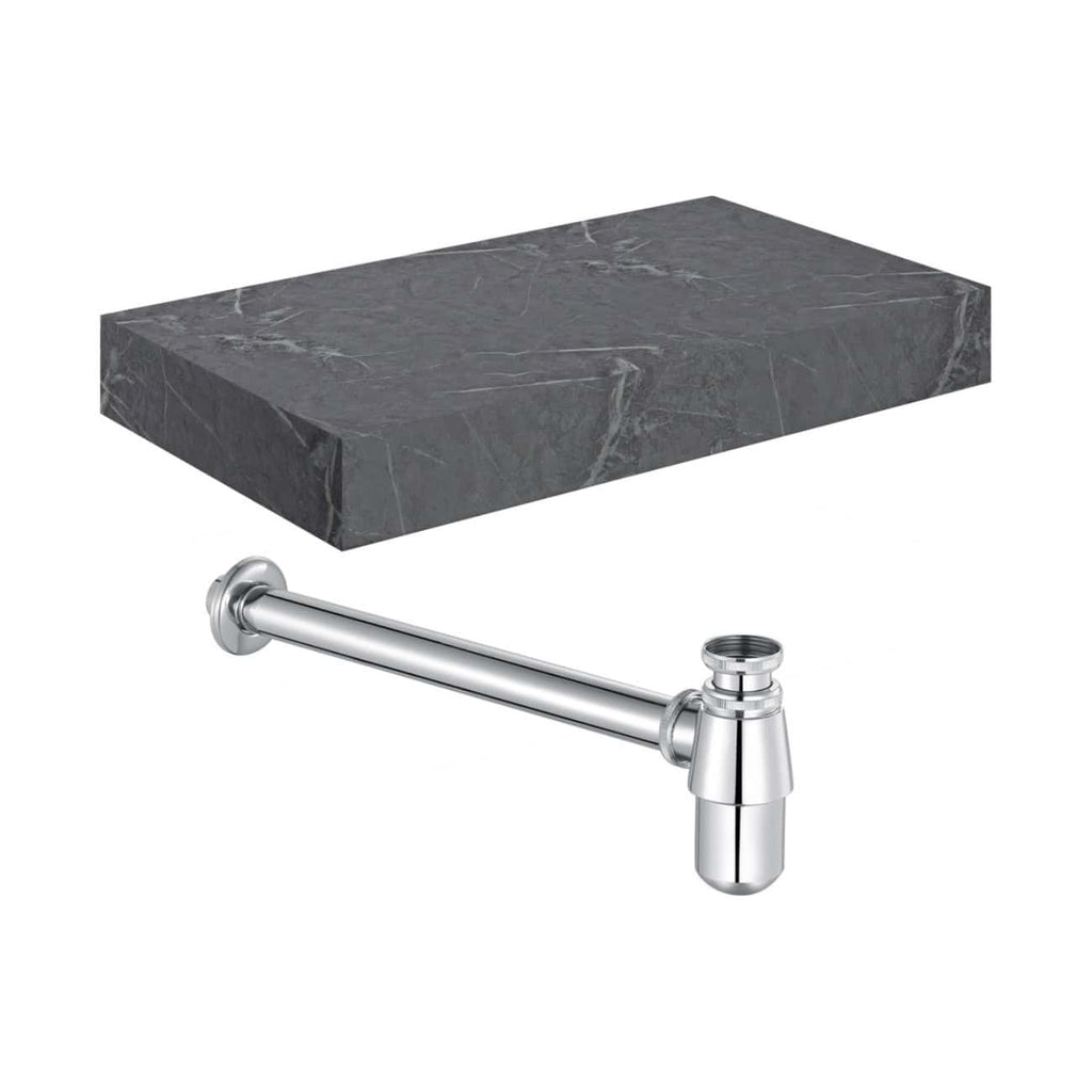 A modern grey marble bathroom shelf with chrome pipe support.
