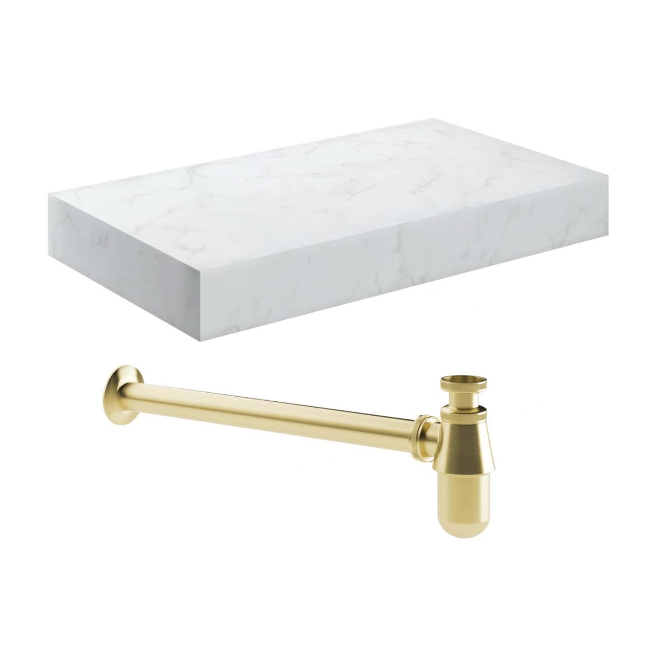 Polished marble bathroom shelf with a gold towel rail, modern bathroom accessories, elegant marble decor, luxury bathroom fixtures, Bubly Bathrooms.
