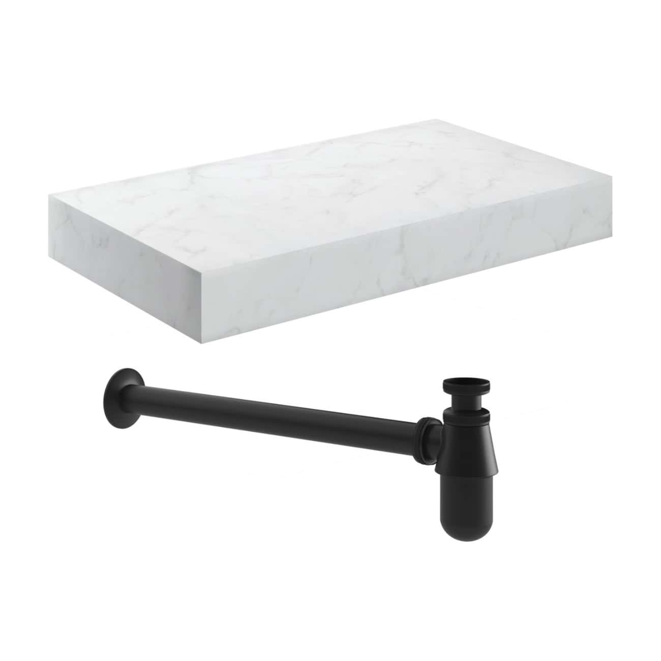 Polished marble bathroom shelf with black pipe bracket for classic and modern bathroom decor. Durable and stylish storage solution for bathroom essentials.