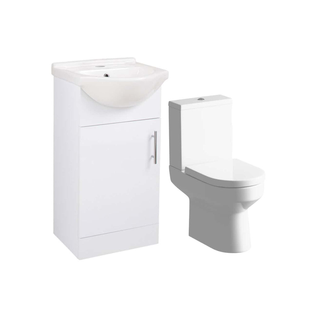 White bathroom vanity with integrated sink and matching modern toilet, ideal for contemporary bathroom design and space-saving solutions.
