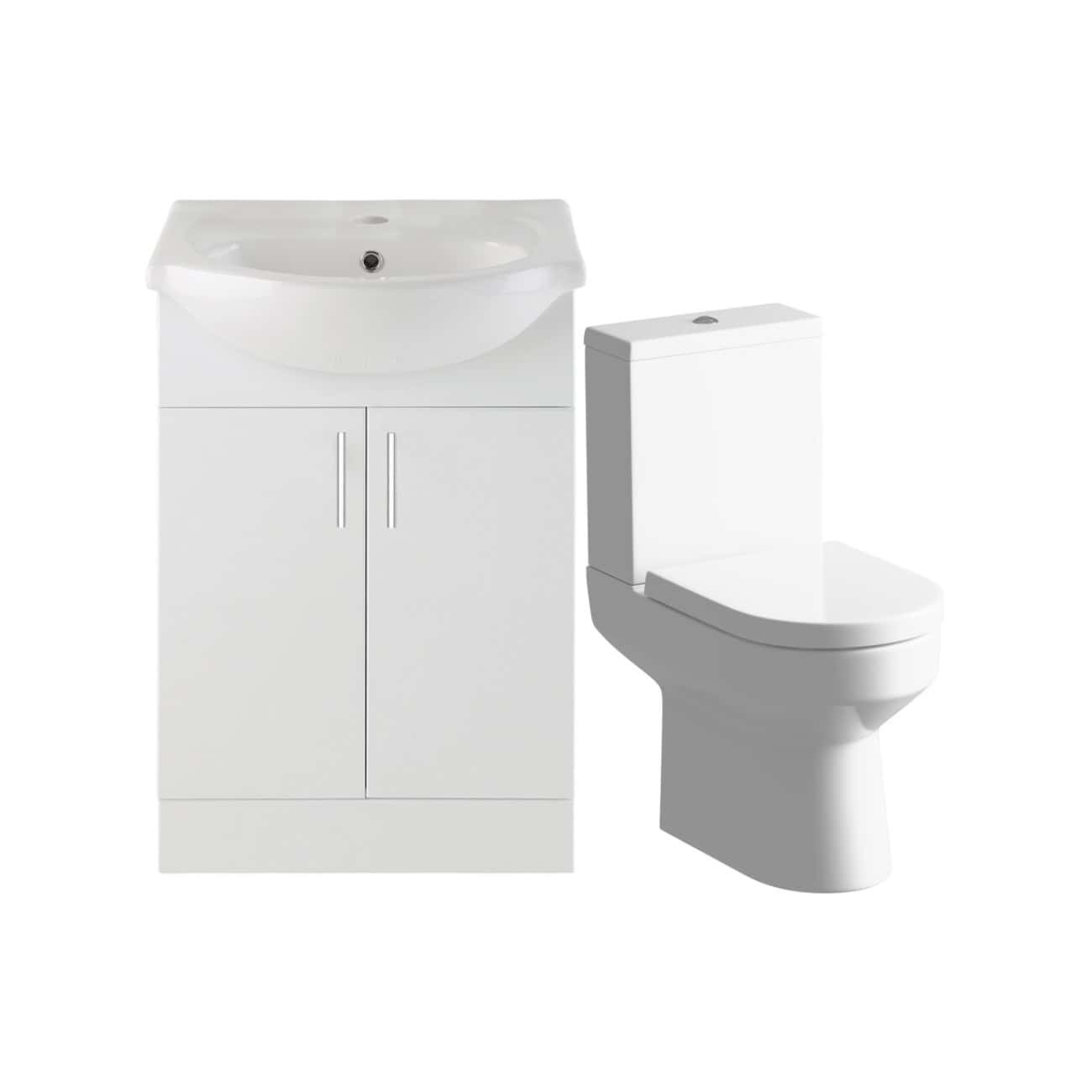 Modern white bathroom vanity with integrated sink and storage cabinet paired with a contemporary white toilet, ideal for stylish bathroom renovations and space-saving solutions.