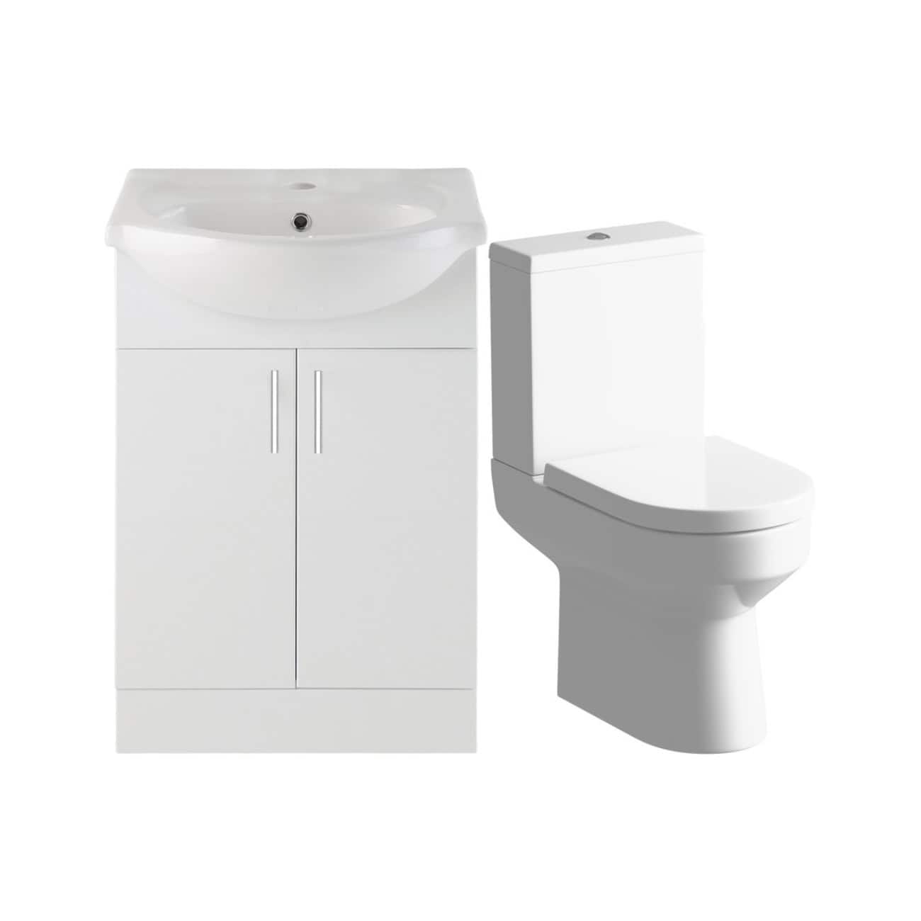 White bathroom sink with cabinet and modern toilet, ideal for bathroom renovation and interior design. Stylish white fixtures offering functional and aesthetic solutions for contemporary bathrooms.