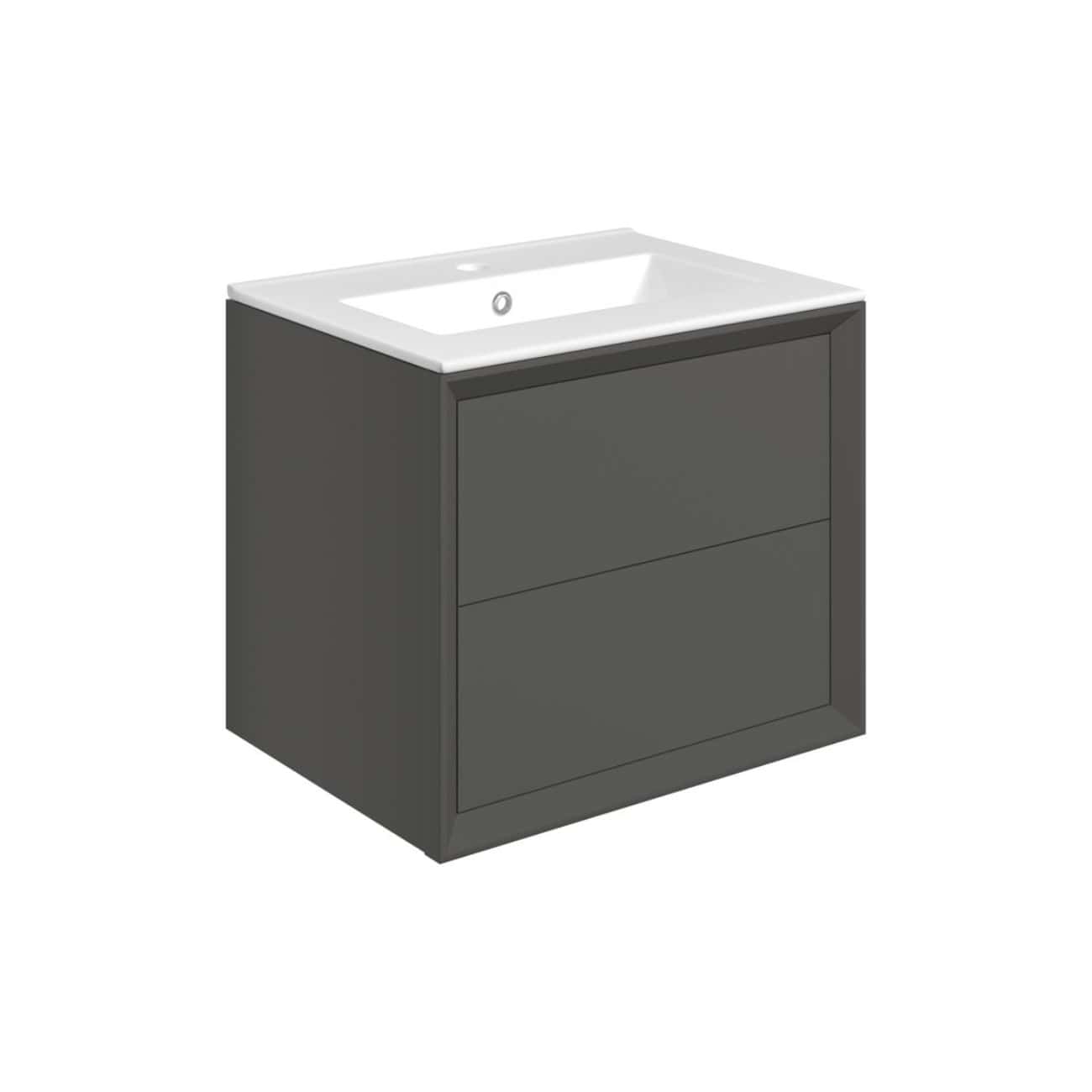 Sleek grey bathroom vanity with built-in ceramic sink, modern design, ideal for contemporary bathroom renovations and storage solutions. Perfect for stylish and functional bathroom space.