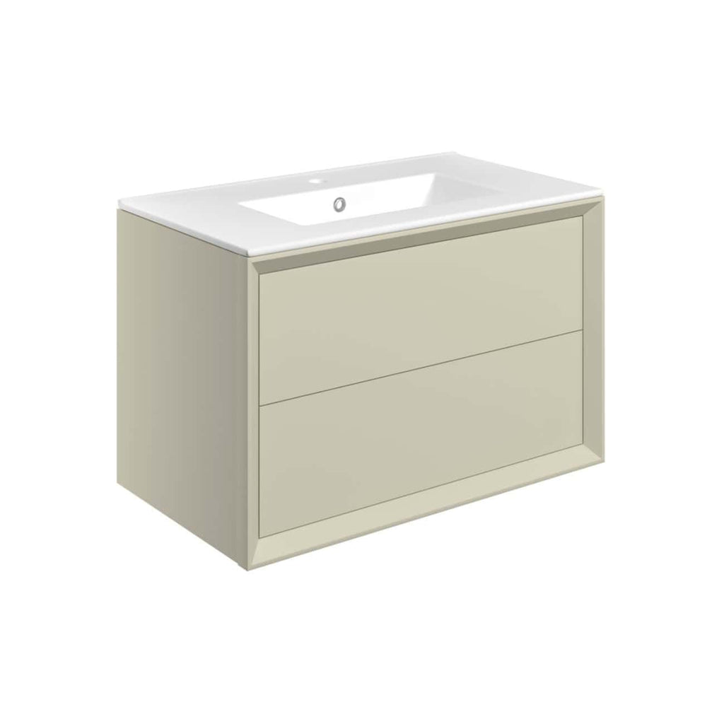 Modern beige bathroom vanity with integrated sink and minimalist design, ideal for contemporary bathroom remodels and storage solutions.