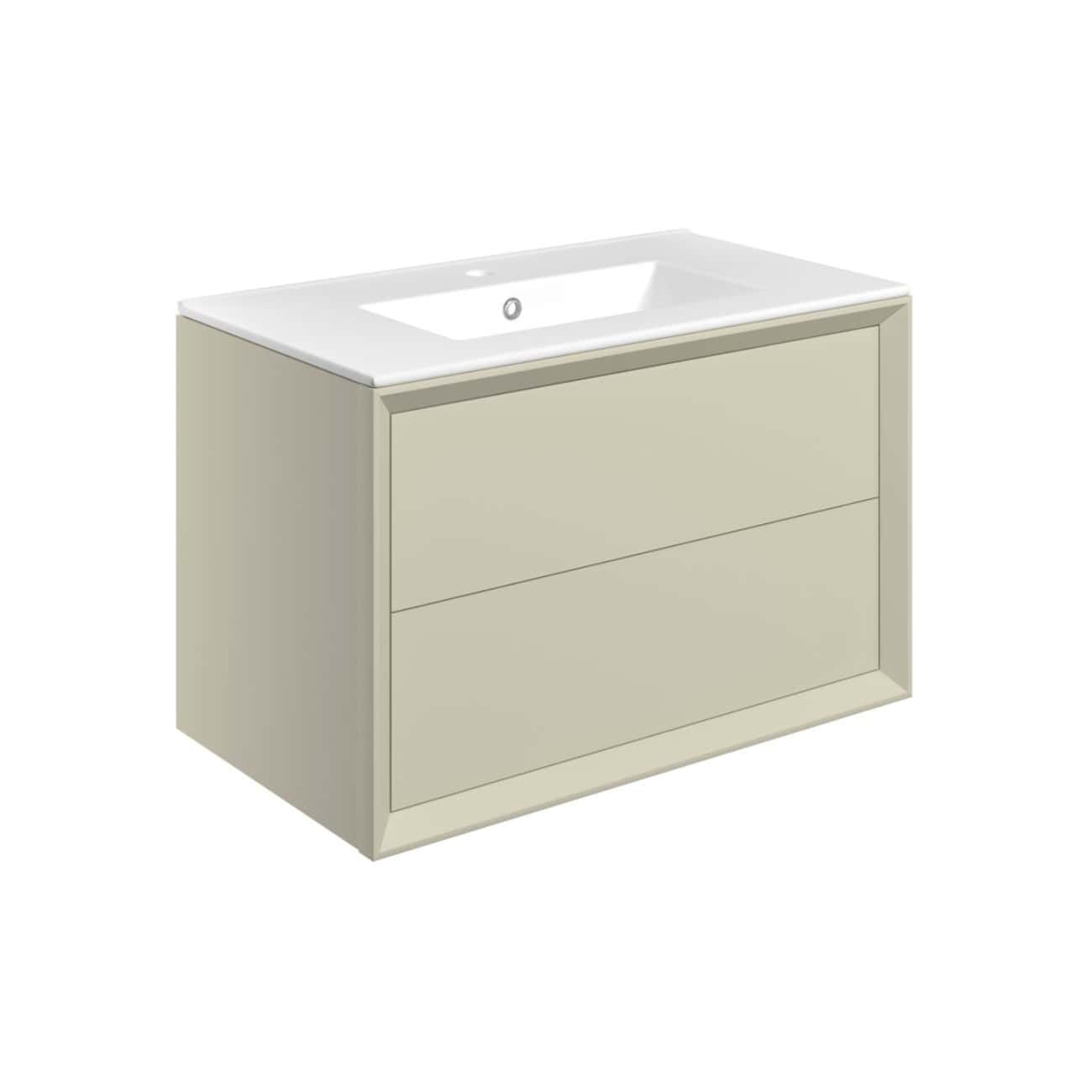 Modern beige bathroom vanity with integrated sink and minimalist design, ideal for contemporary bathroom remodels and storage solutions.