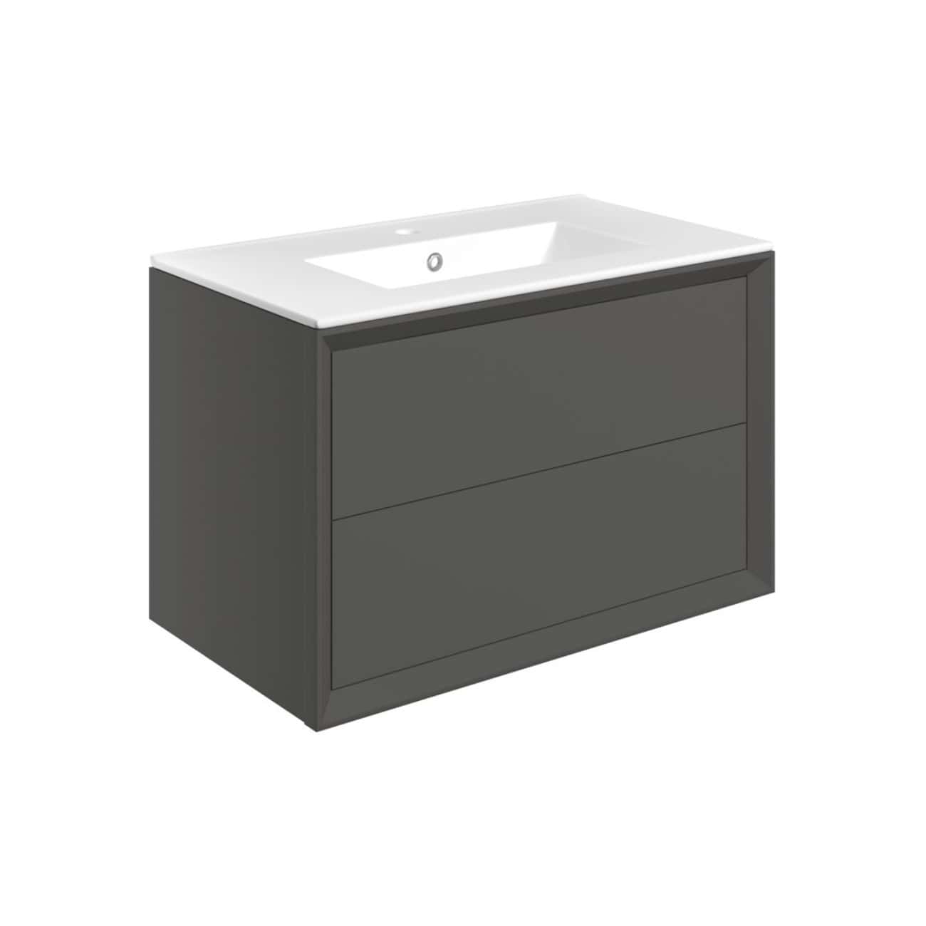 Modern grey bathroom vanity unit with integrated sink, sleek design, and ample storage space for contemporary bathroom décor. Perfect for stylish and functional bathrooms.