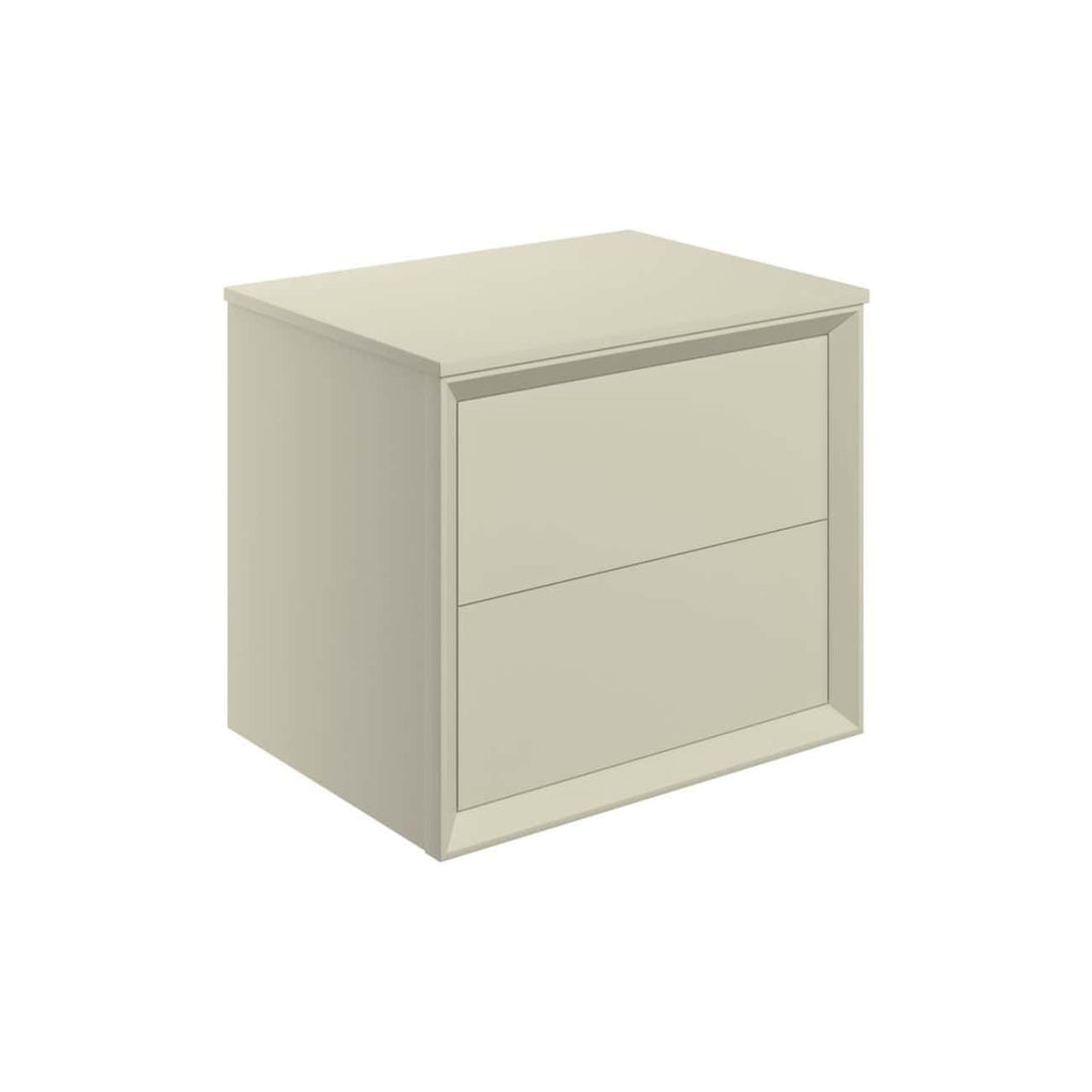 Slimline beige bathroom storage cabinet with two drawers, modern minimalist design, ideal for bathroom organisation, durable finish, space-saving furniture from Bubly Bathrooms.