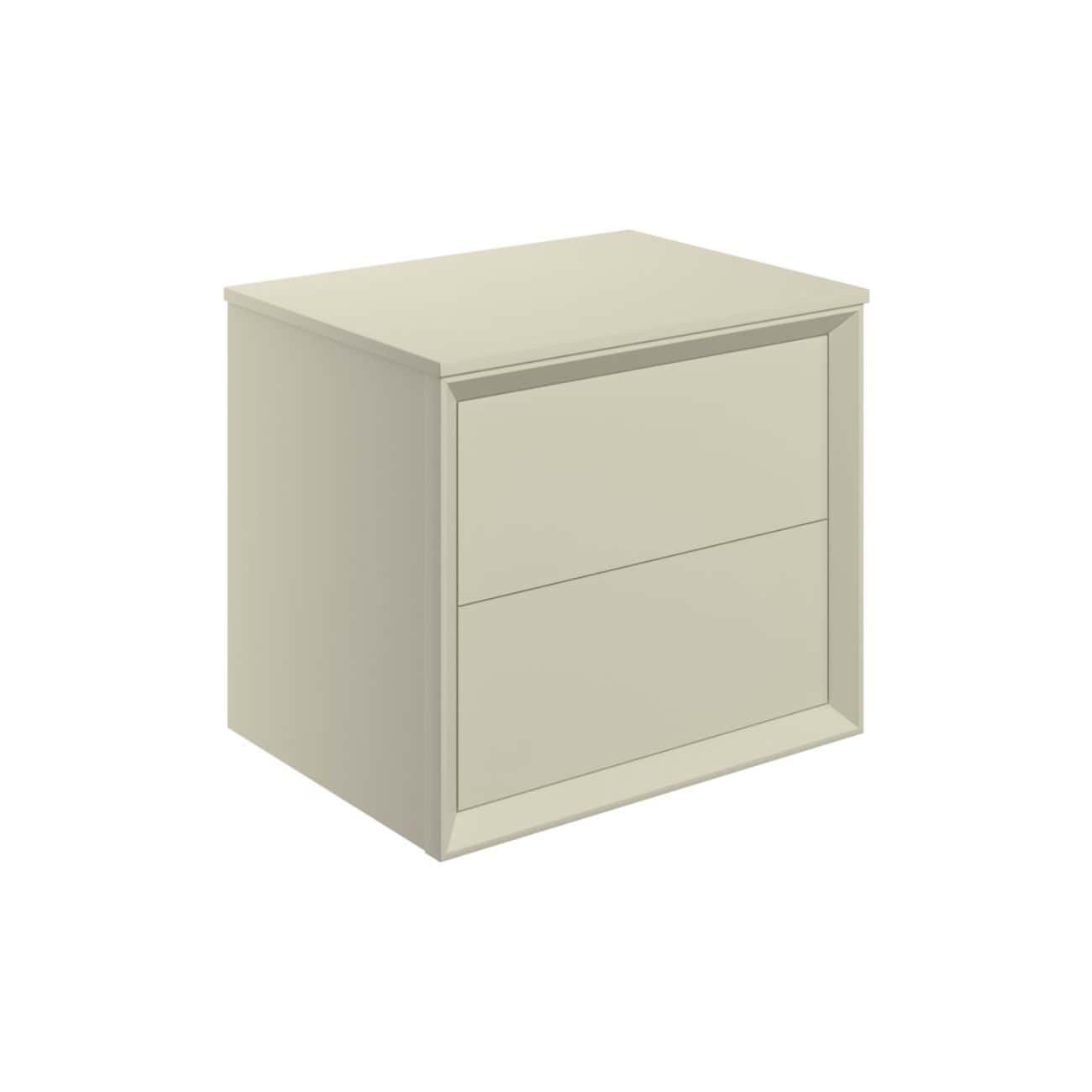 Slimline beige bathroom storage cabinet with two drawers, modern minimalist design, ideal for bathroom organisation, durable finish, space-saving furniture from Bubly Bathrooms.
