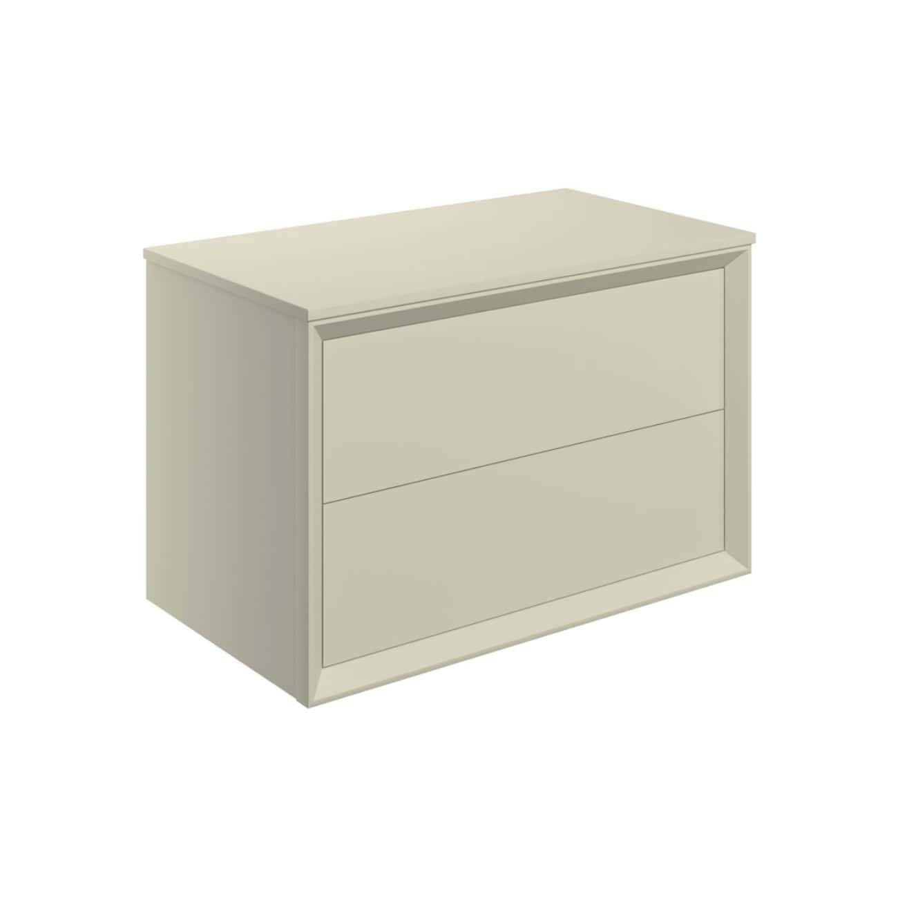 Sleek modern beige bathroom cabinet with two drawers for stylish storage solutions. Perfect for organising bathroom essentials while enhancing your bathroom decor.