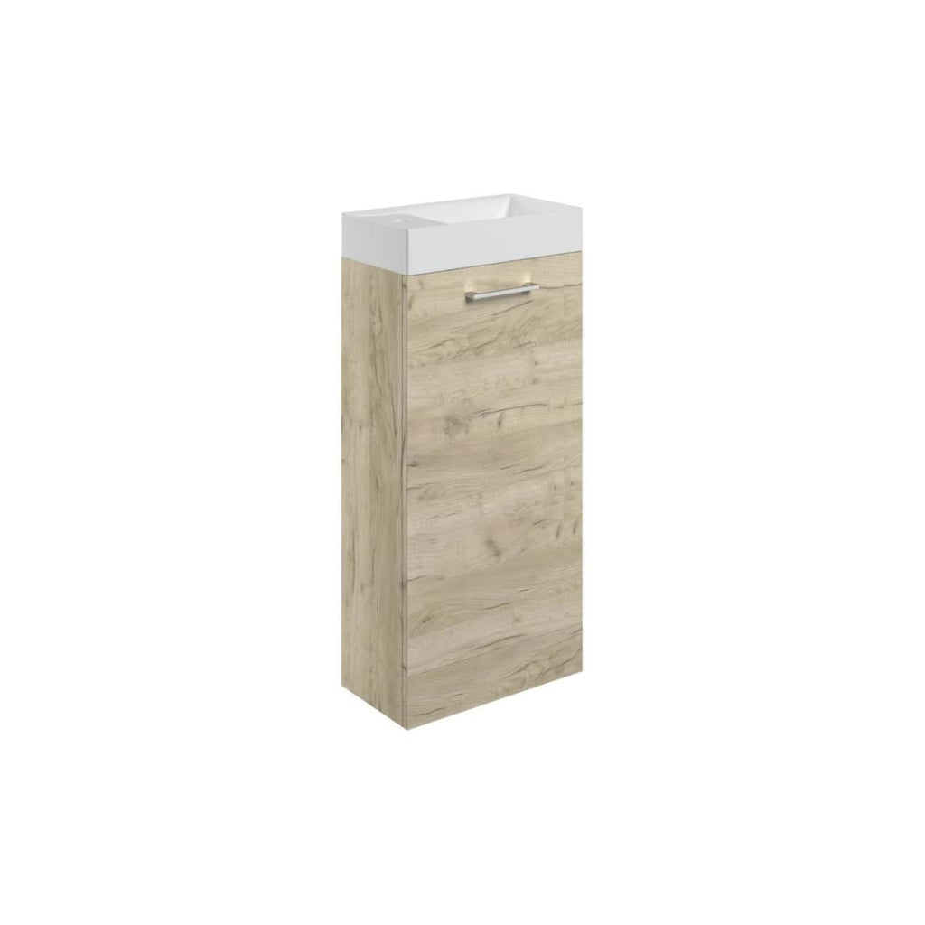 Minerva bathroom vanity unit with integrated wash basin and wood effect finish, ideal for modern bathroom designs and space-saving bathroom storage solutions.