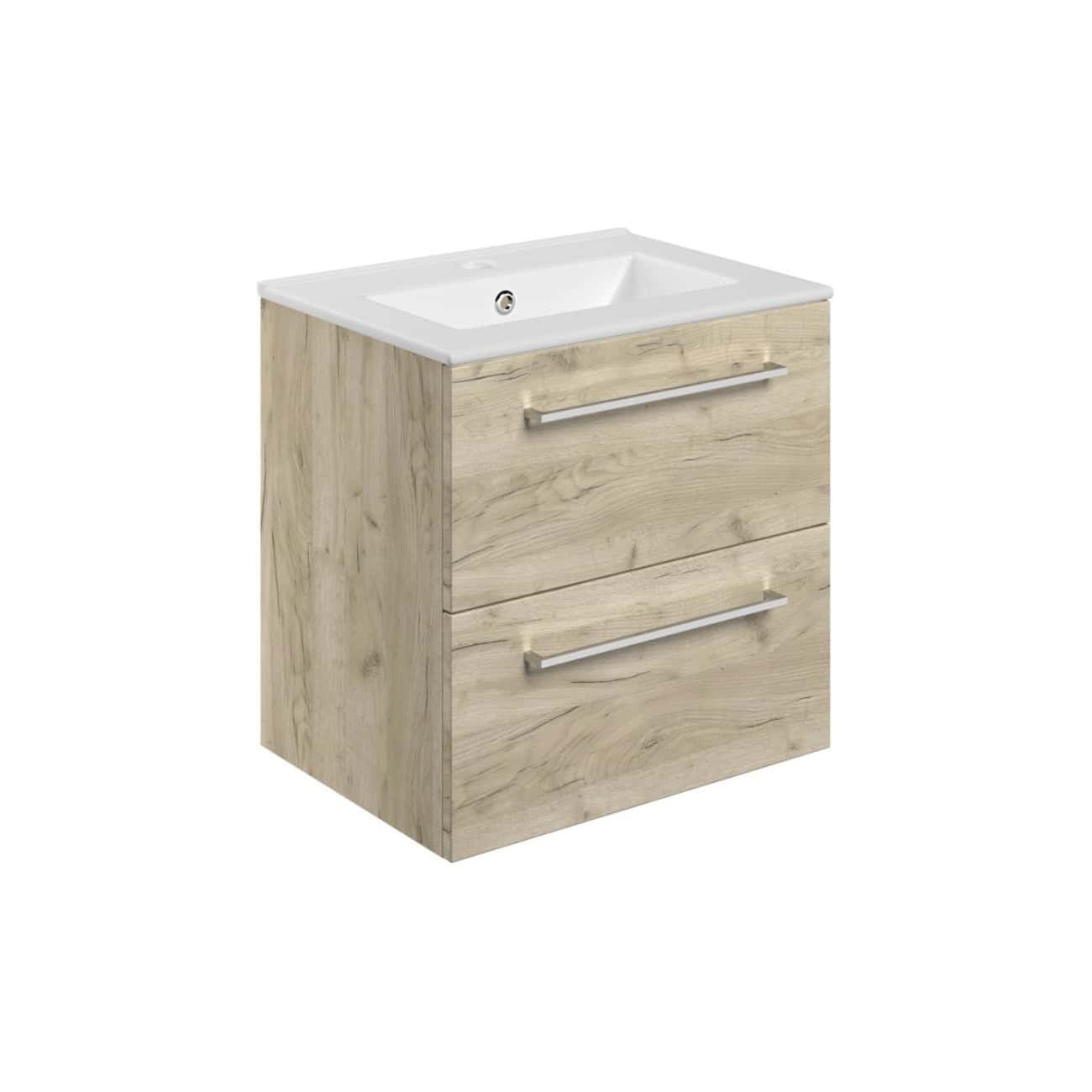 Modern wooden bathroom vanity with integrated ceramic sink and sleek metal handles, perfect for contemporary bathrooms. Durable, stylish, and space-efficient design for bathroom storage needs.