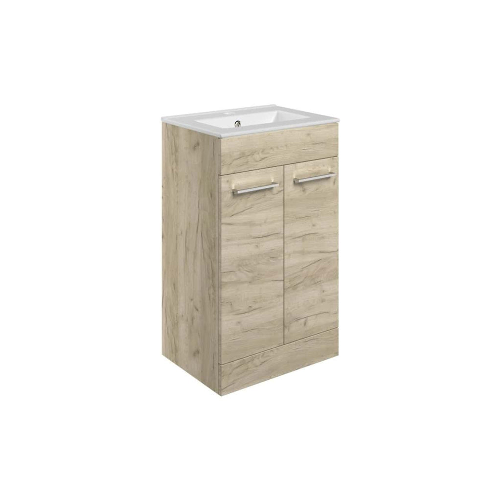 Light wood finish bathroom vanity with integrated basin and dual storage drawers, ideal for modern bathroom decor.