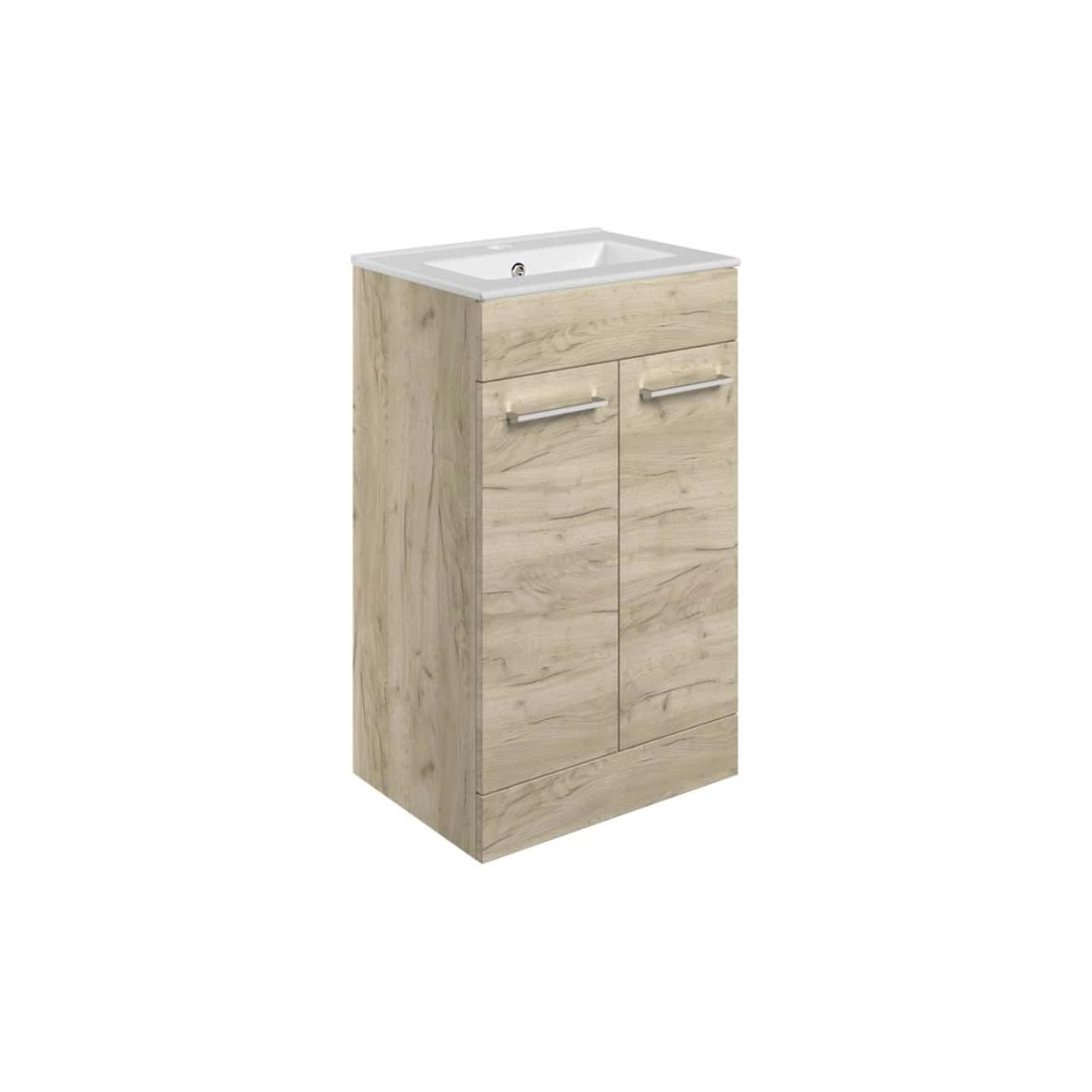 Light wood finish bathroom vanity with integrated basin and dual storage drawers, ideal for modern bathroom decor.