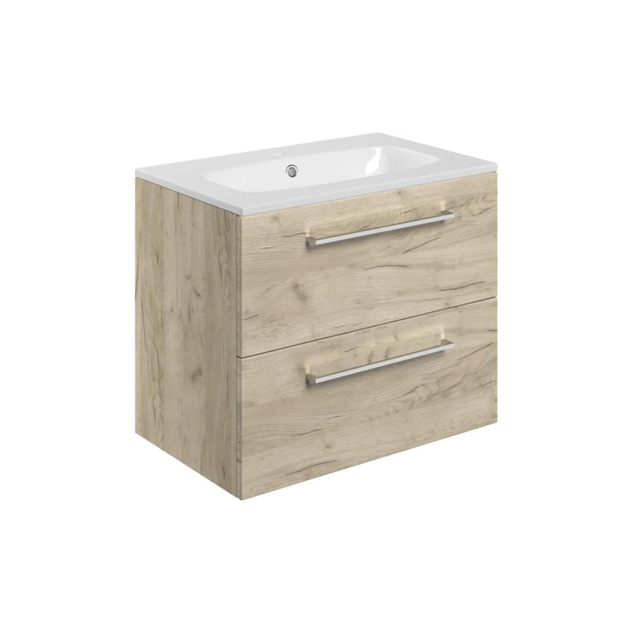 Modern wooden bathroom vanity with integrated sink, ideal for contemporary bathrooms, featuring sleek metal handles and ample storage space. Perfect for stylish, functional bathroom design.