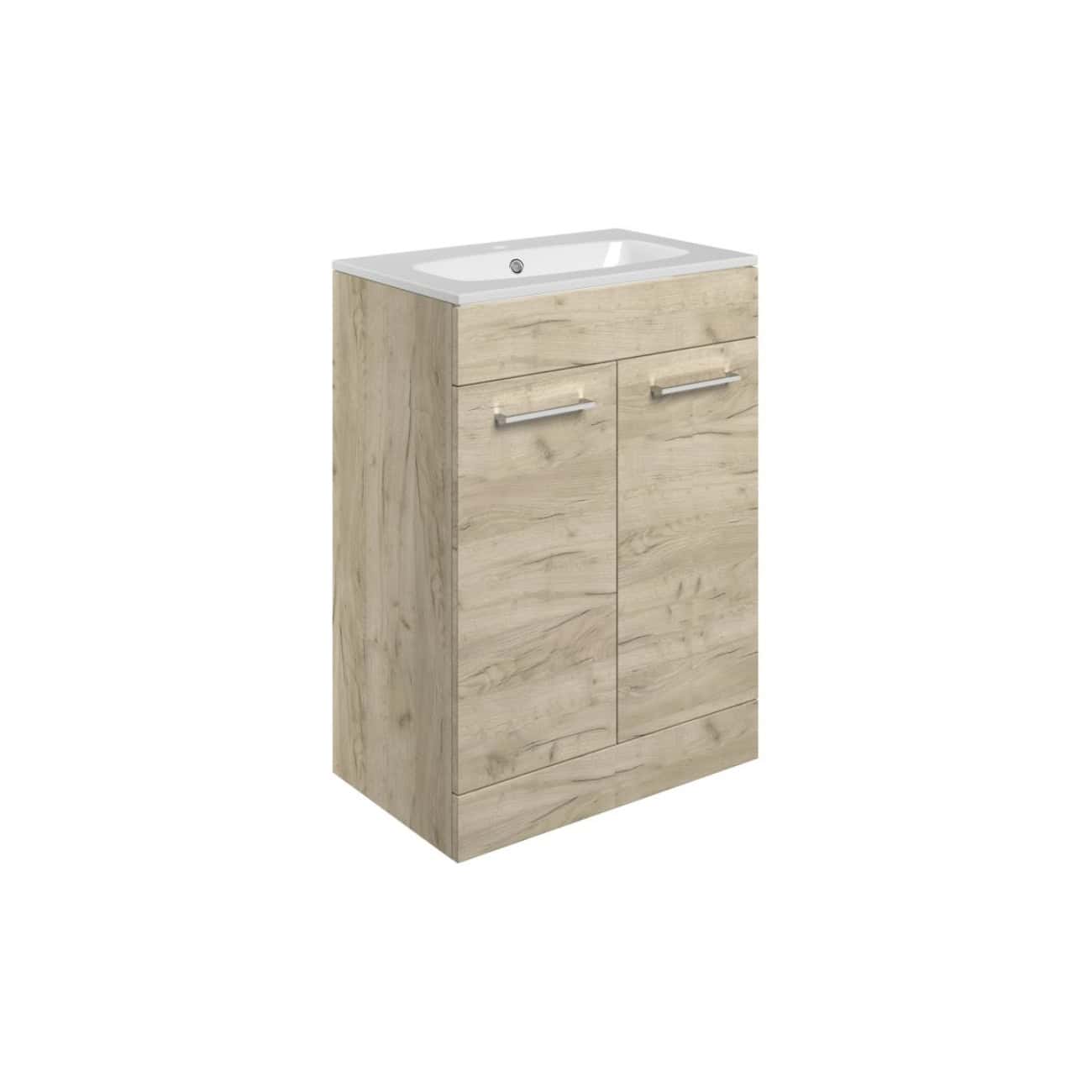 Contemporary bathroom vanity with integrated sink in natural wood finish, featuring sleek metal handles, ideal for modern bathroom remodels and storage solutions.
