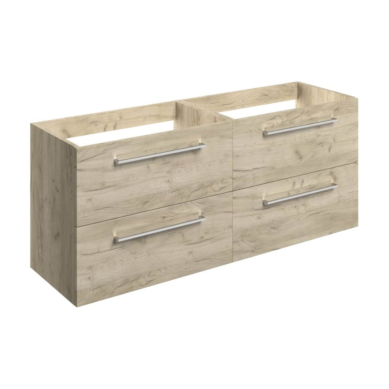 Rustic oak bathroom vanity unit with four drawers, modern silver handles, and open-top design, ideal for contemporary bathroom storage solutions.