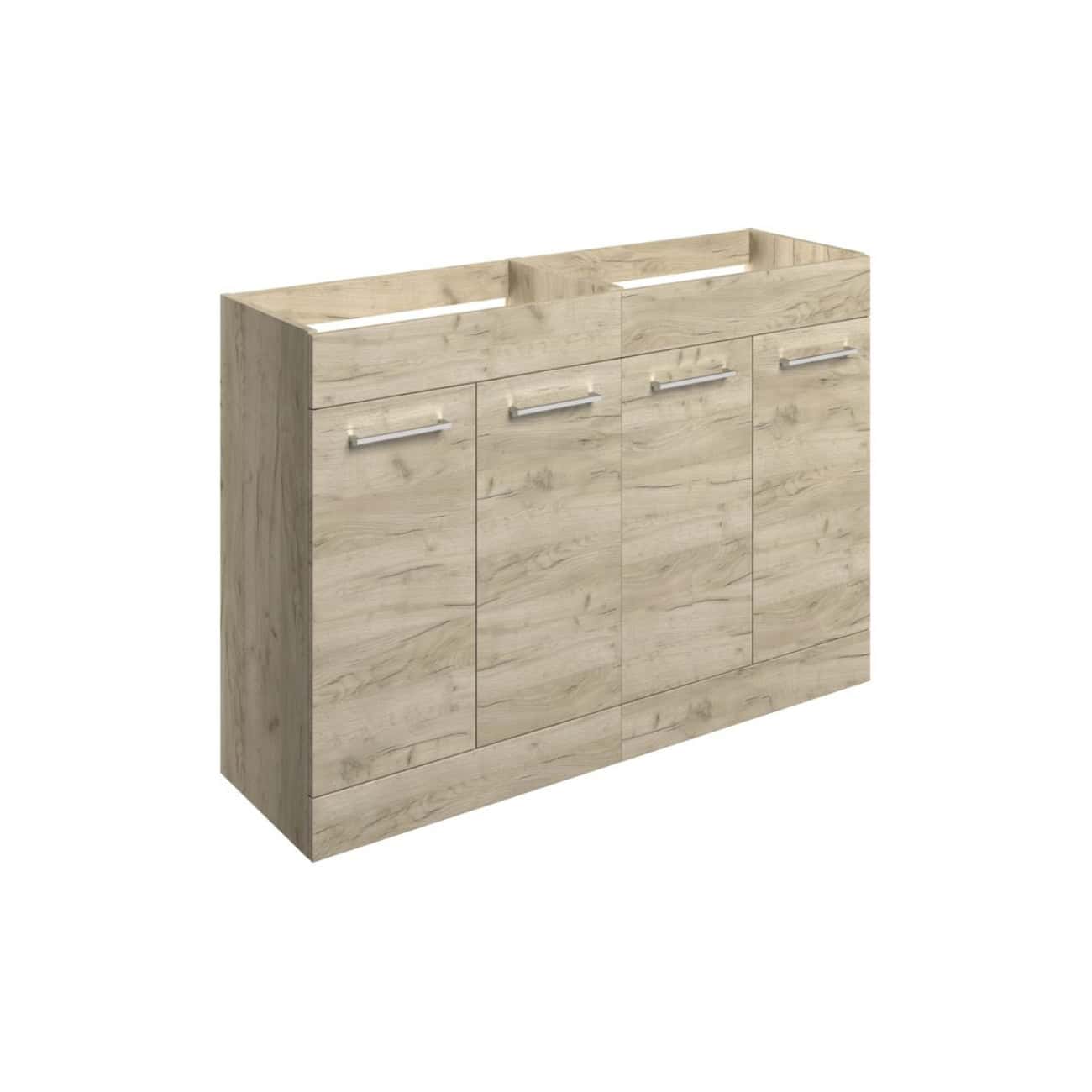 Modern Scandinavian style wooden bathroom cabinet with four drawers and silver handles, ideal for stylish bathroom storage and organising toiletries.