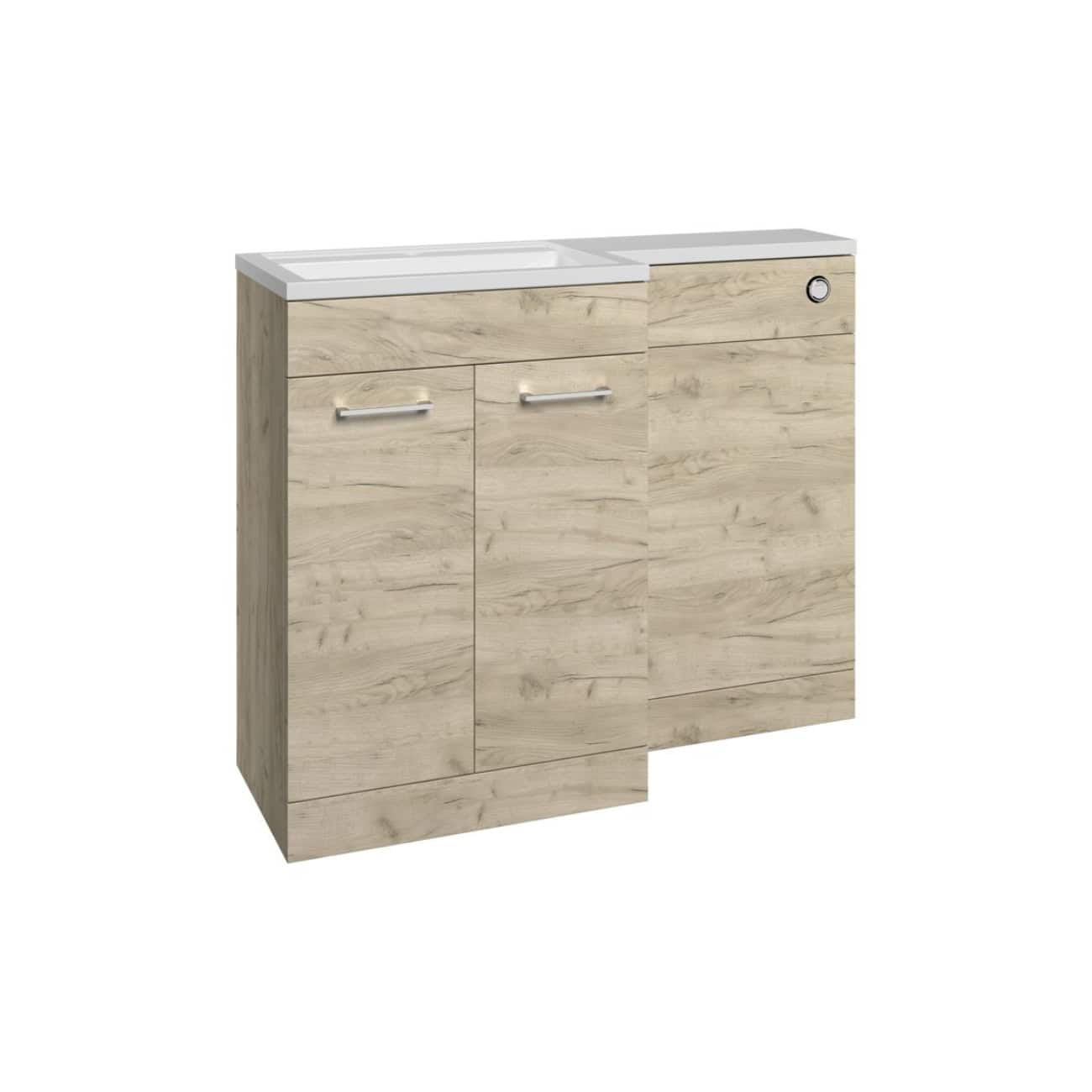 Modern wooden bathroom vanity cabinet with white countertop and integrated sink, ideal for contemporary bathroom designs. Features sleek handles and ample storage space.