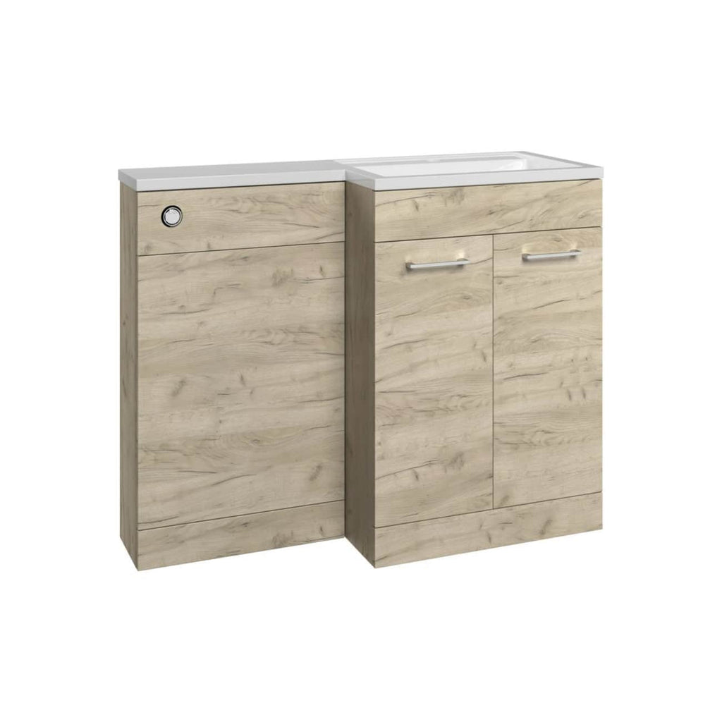 Wooden bathroom vanity with integrated sink, modern storage cabinets, and sleek silver handles, perfect for contemporary bathroom designs. Crafted for style and functionality.