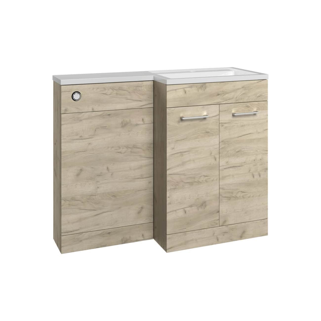 Wooden bathroom vanity with integrated sink, modern storage cabinets, and sleek silver handles, perfect for contemporary bathroom designs. Crafted for style and functionality.