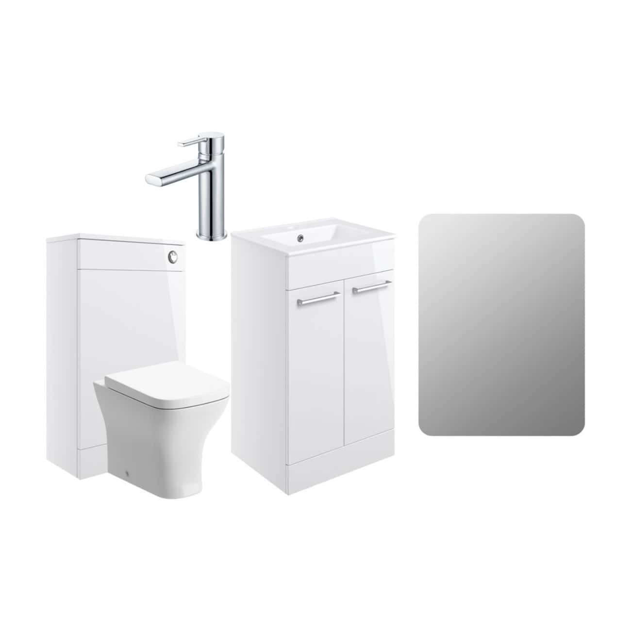 Sleek modern bathroom fixtures including toilet, sink with cabinet, wall-mounted mirror, and chrome faucet, perfect for contemporary bathroom renovation and design.