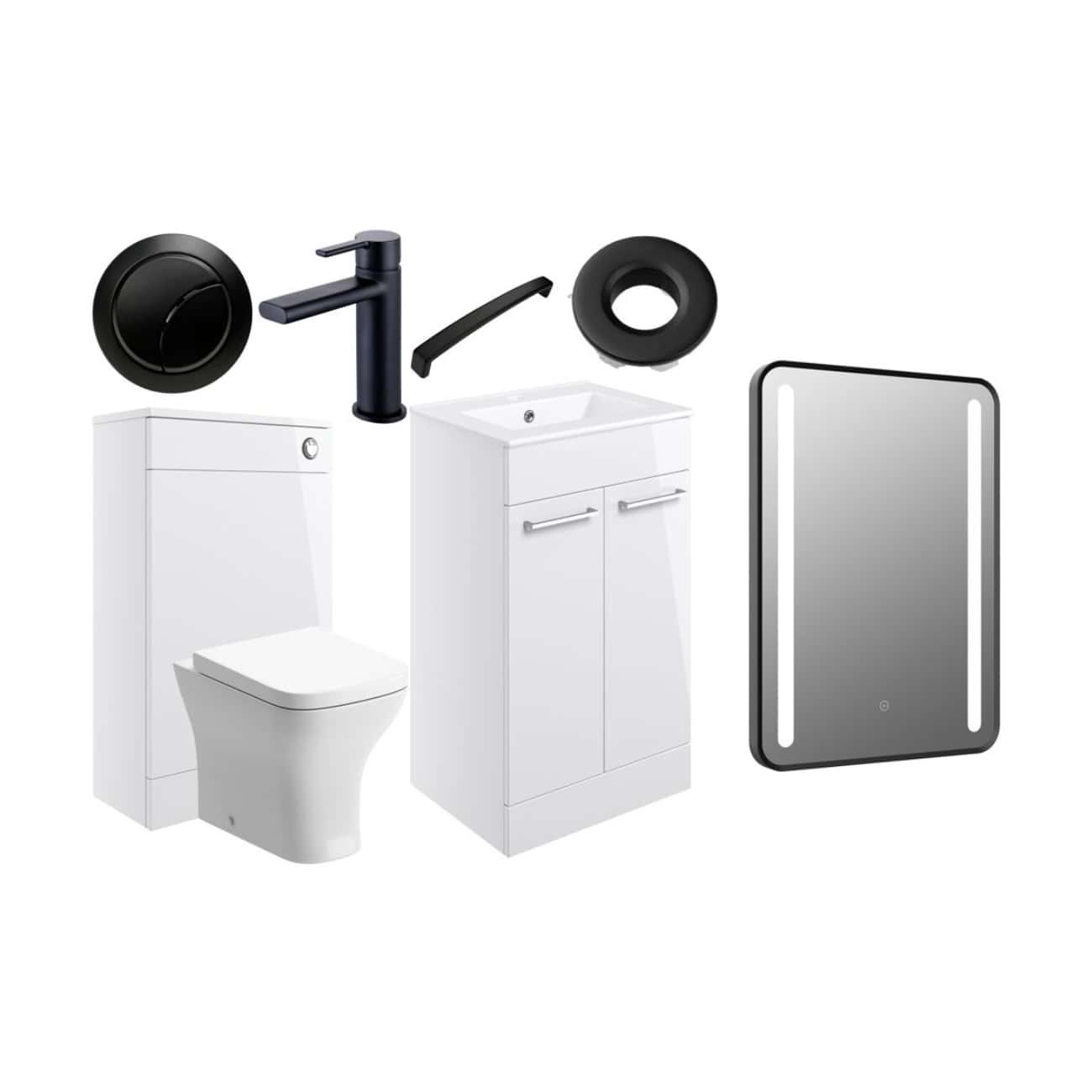 Modern bathroom fixtures and accessories collection for stylish, functional bathroom design, including a toilet, vanity unit, tap, mirror, and lighting, suitable for contemporary bathrooms.