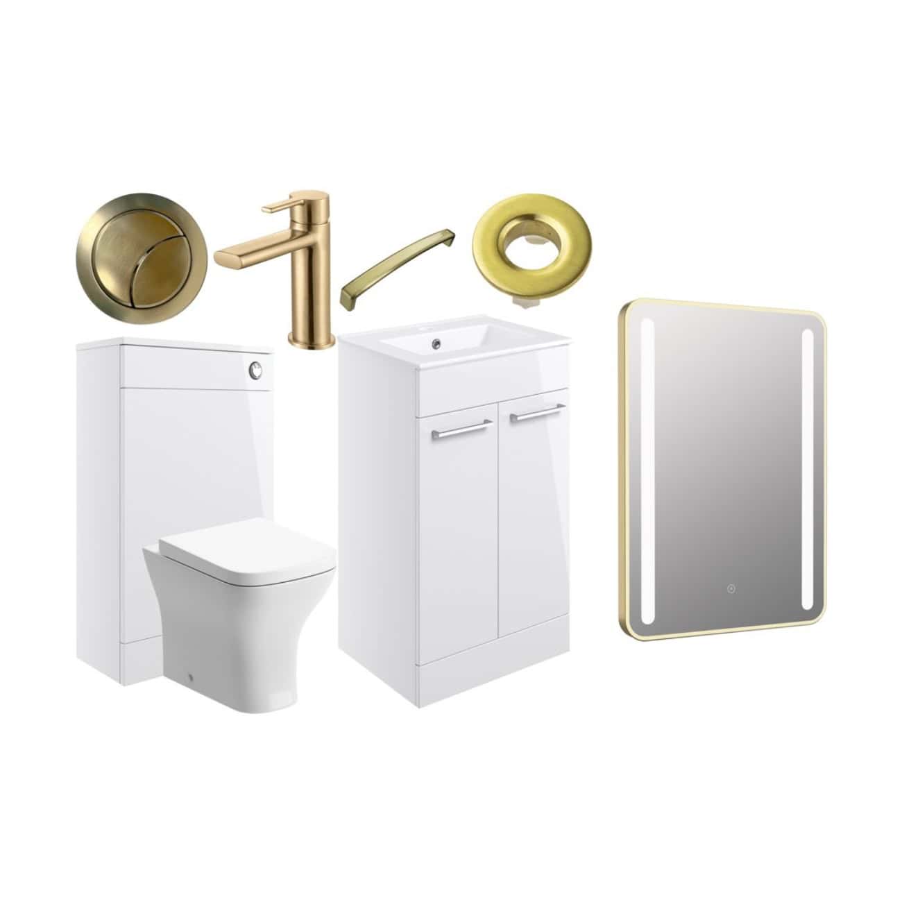 Stylish modern bathroom fixtures including a white toilet, vanity cabinet with sink, sleek golden tap, round wall decor, and a luminous mirror, designed for contemporary bathroom interiors.