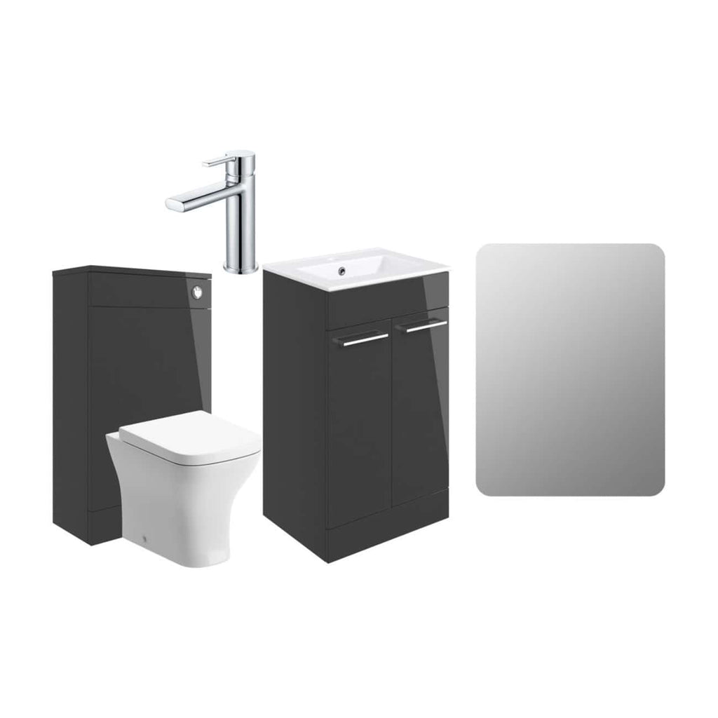 Contemporary black bathroom vanity unit with integrated sink and a sleek chrome tap, complemented by a matching toilet and a large wall mirror, perfect for modern bathroom interiors.