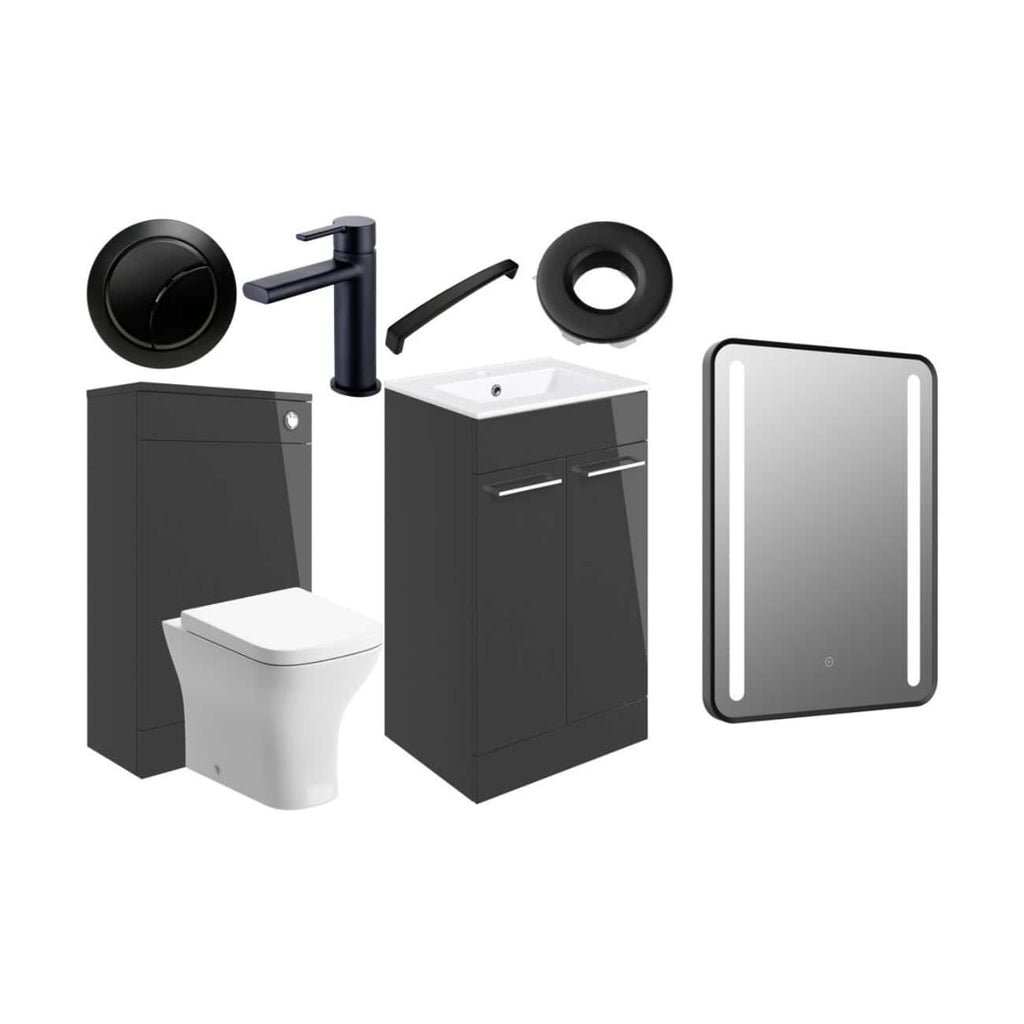 Modern black and white bathroom fixtures and accessories from Bubly Bathrooms, including a sleek toilet, vanity unit with sink, black tap, mirror with LED lighting, and essential accessories for contemporary bathroom design.