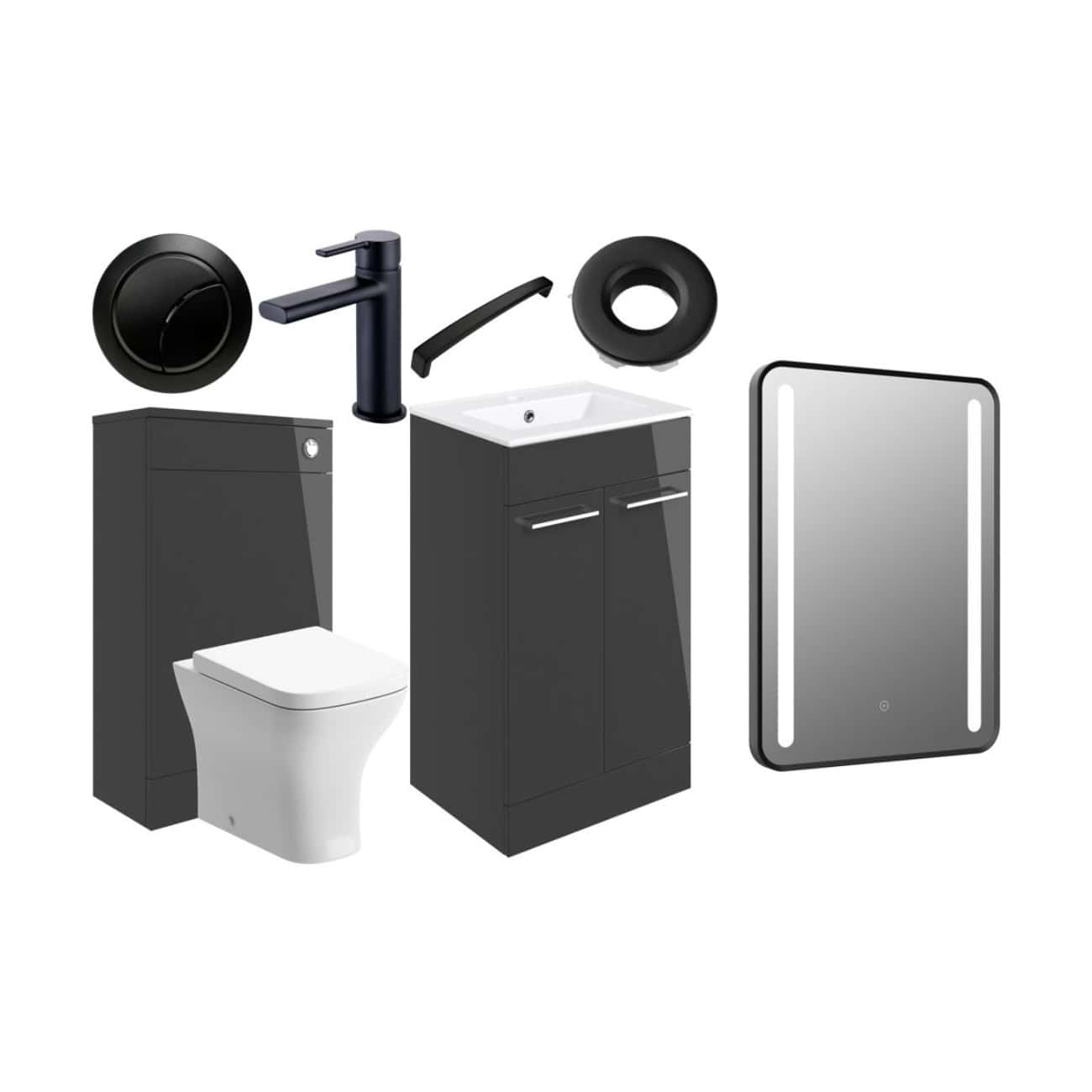 Modern black and white bathroom fixtures and accessories from Bubly Bathrooms, including a sleek toilet, vanity unit with sink, black tap, mirror with LED lighting, and essential accessories for contemporary bathroom design.