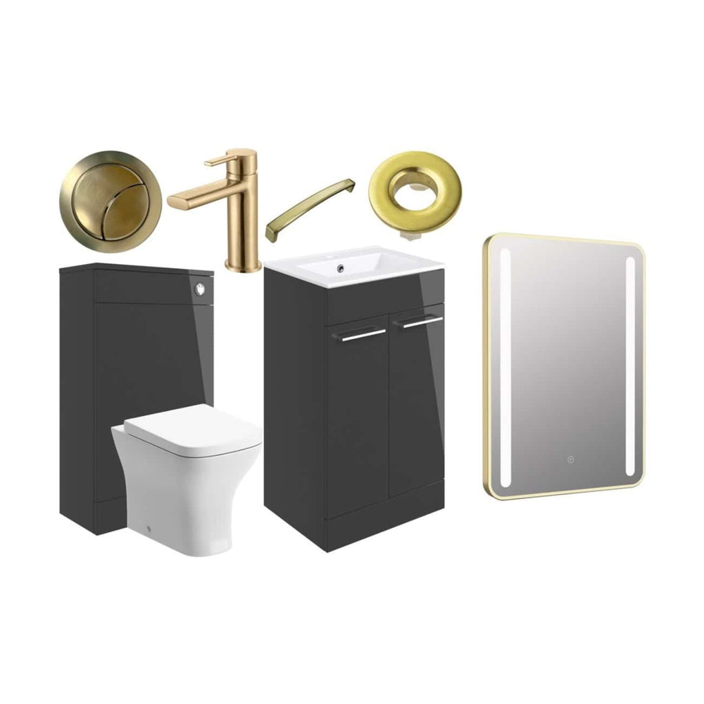 Sleek black bathroom vanity with integrated sink, modern gold fixtures including tap and round mirror, full toilet, and stylish backlit mirror for contemporary bathroom design.