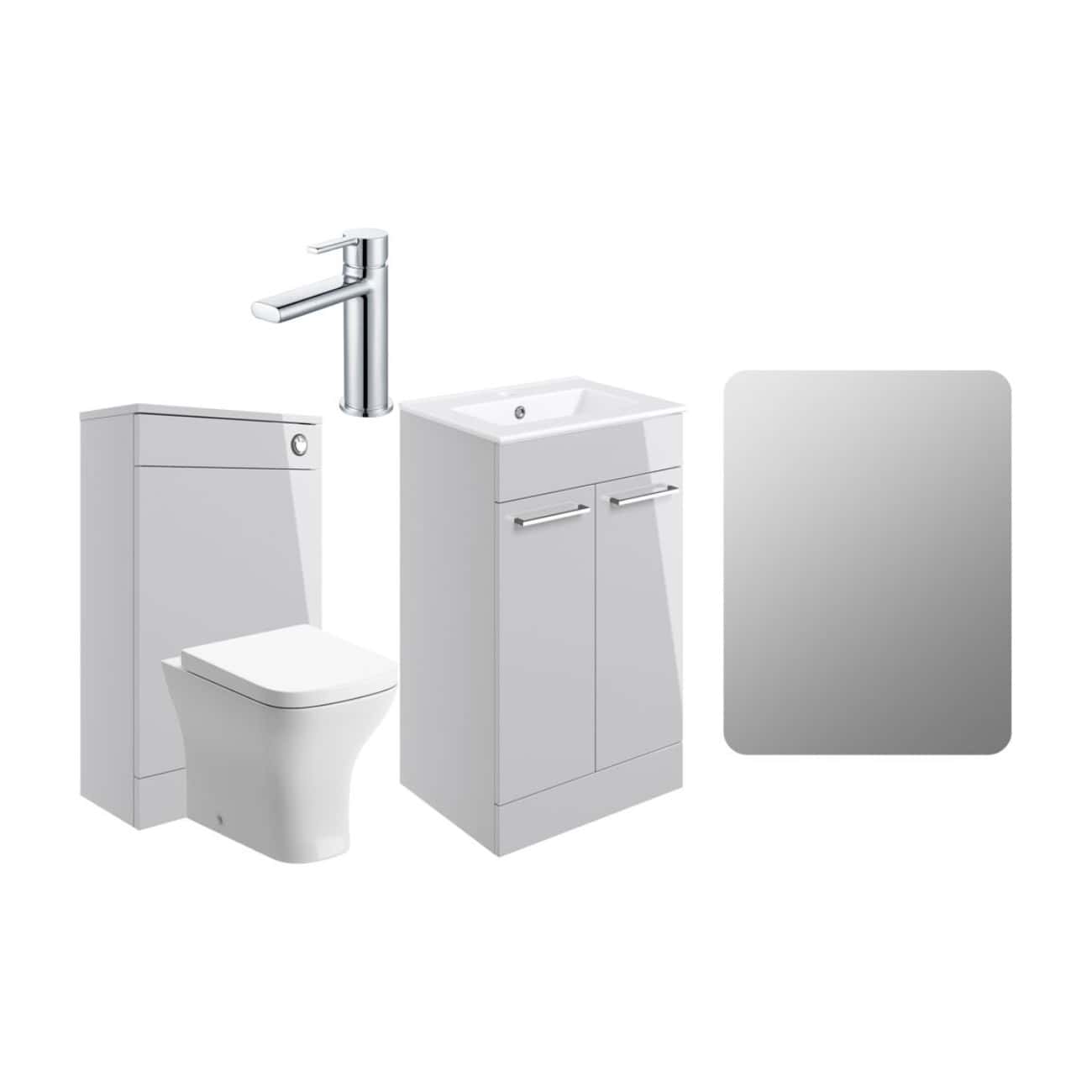 Modern white bathroom furniture set including toilet, sink vanity, sleek faucet, and wall mirror, perfect for contemporary bathroom interiors.